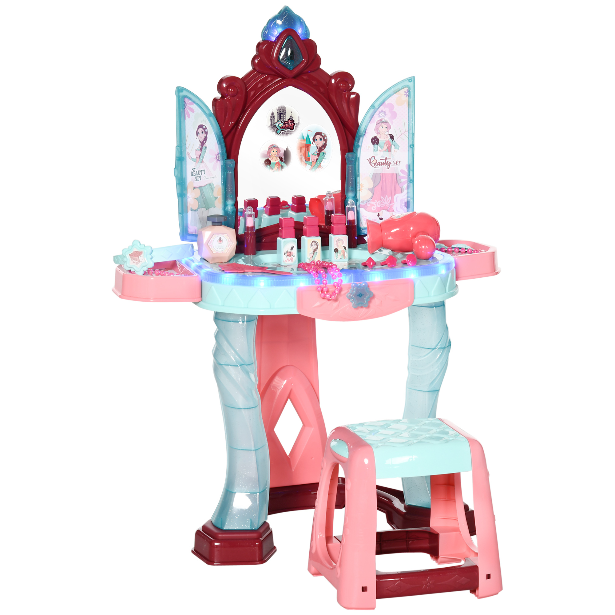 Qaba Kids Vanity Set with Self-Opening Magic Mirror, Princess Makeup Vanity Table Set with Music, Tabletop with Lights, Imaginative Toy for 3-6 Years