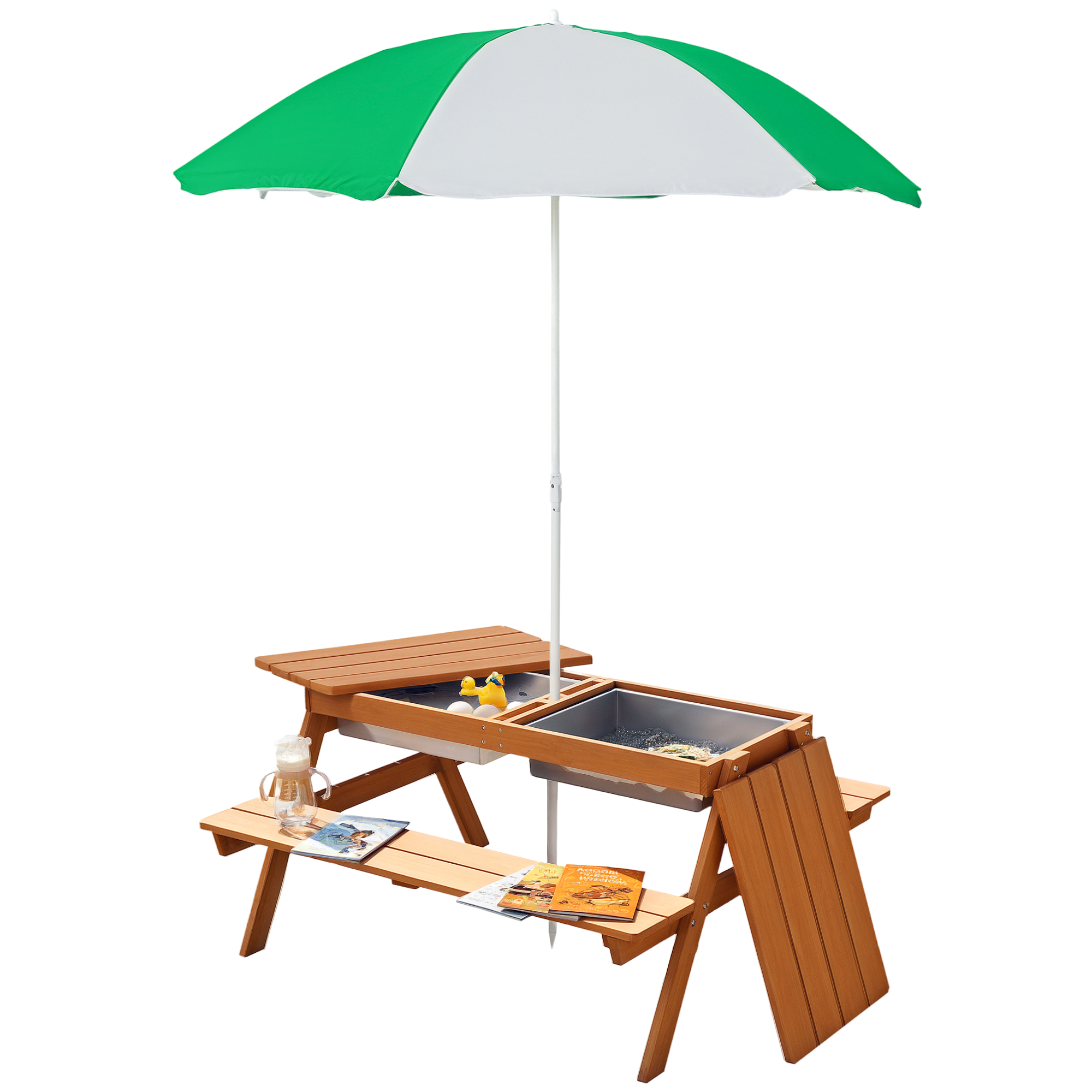 Outsunny Kids 3 in 1 Sand and Water Table, Wooden Outdoor Convertible Picnic Table with Umbrella and Storage Inside, Bench Backyard Furniture for Gard