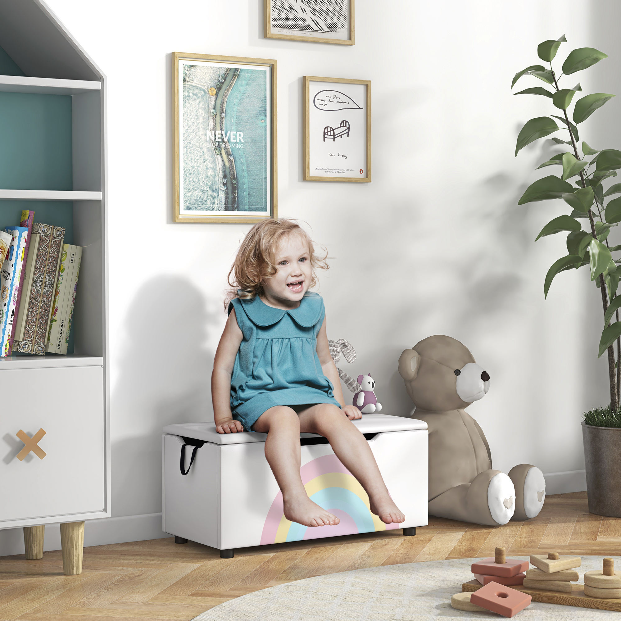 Qaba Toy Chest Kids Toy Box Lightweight Storage Chest with Lid with Top Lid and Side Handles for Nursery Room Bedroom White Aosom Canada