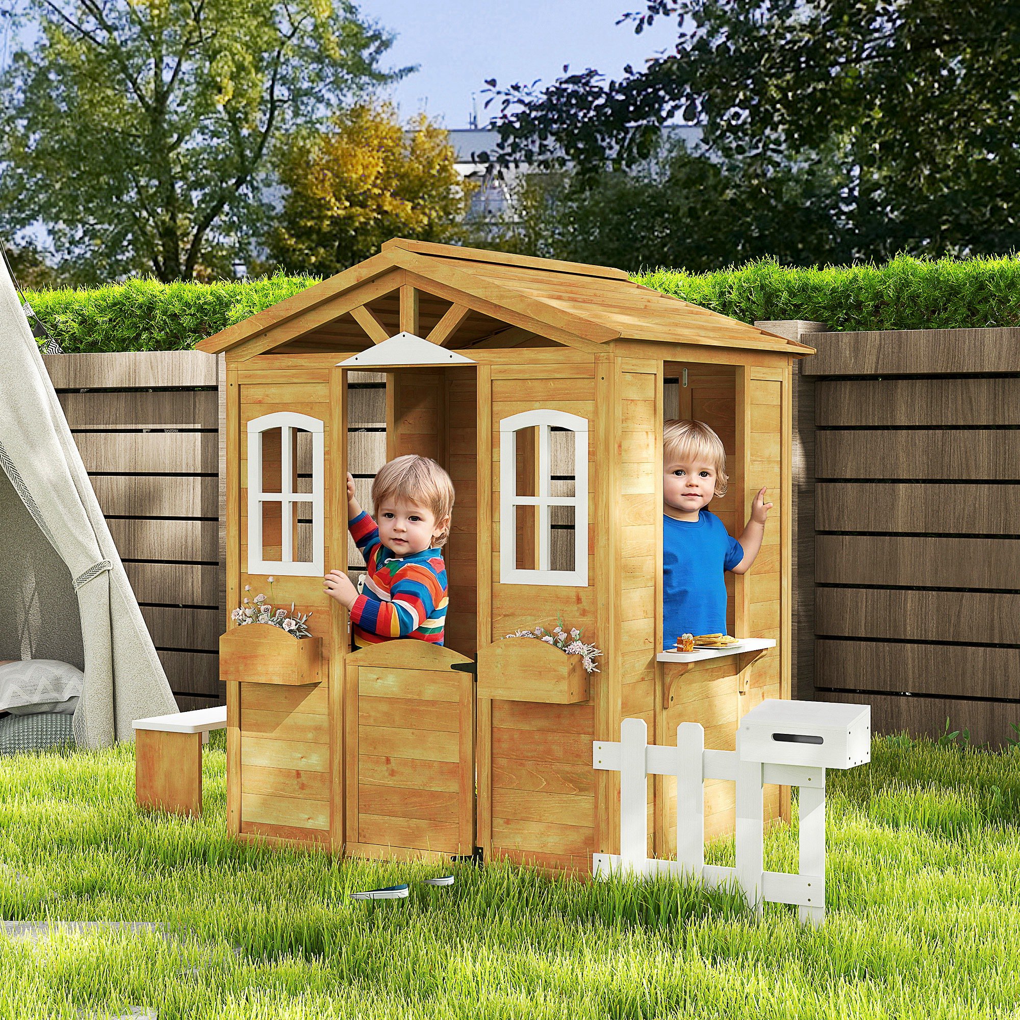 Outsunny Wooden Kids Playhouse with Door Windows Mailbox Flower Pot Holder Serving Station Bench Yellow Aosom Canada