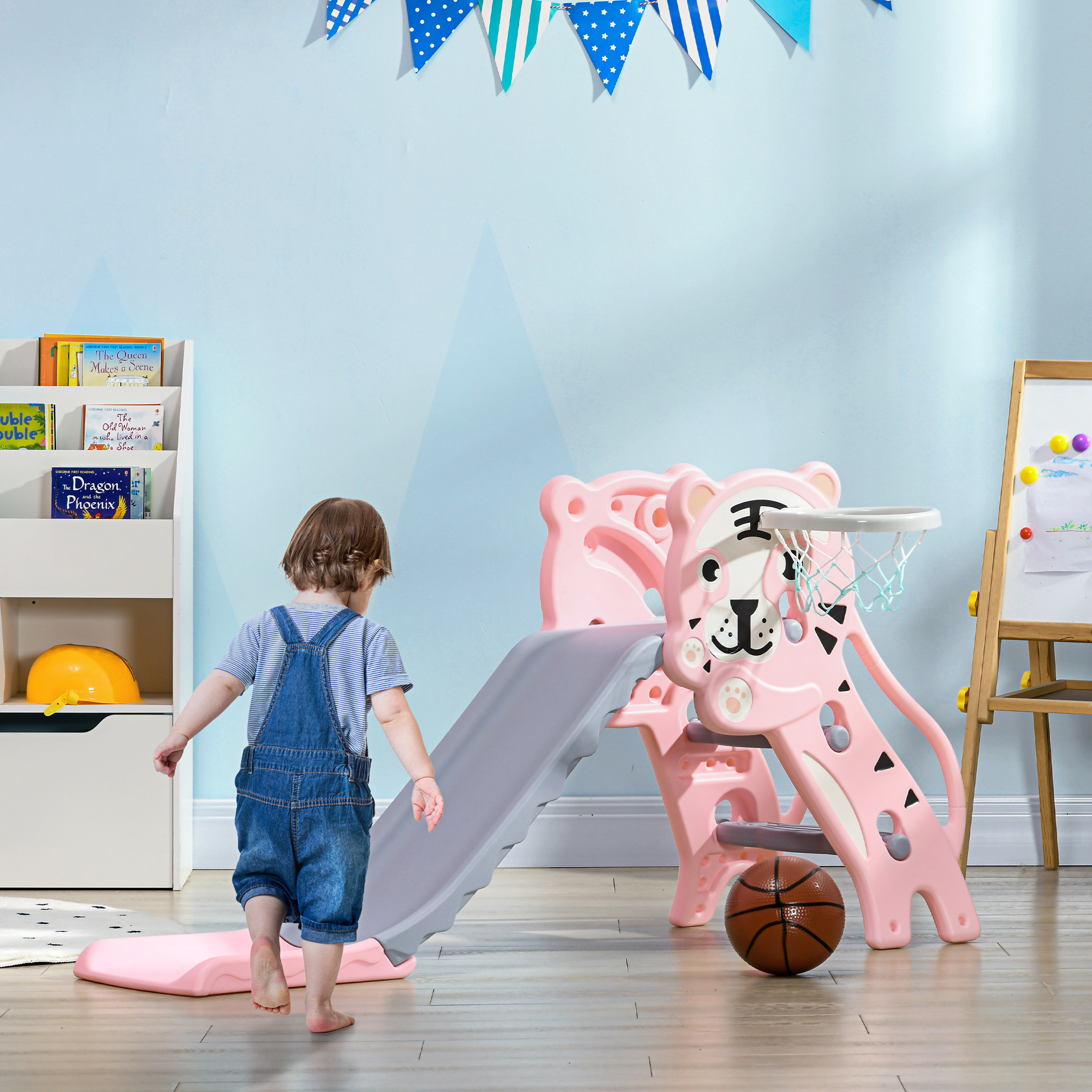 Qaba 2 in 1 Slide for Toddlers, Kids Slide Playset with Basketball Hoop for 18-36 Months, Pink Aosom Canada