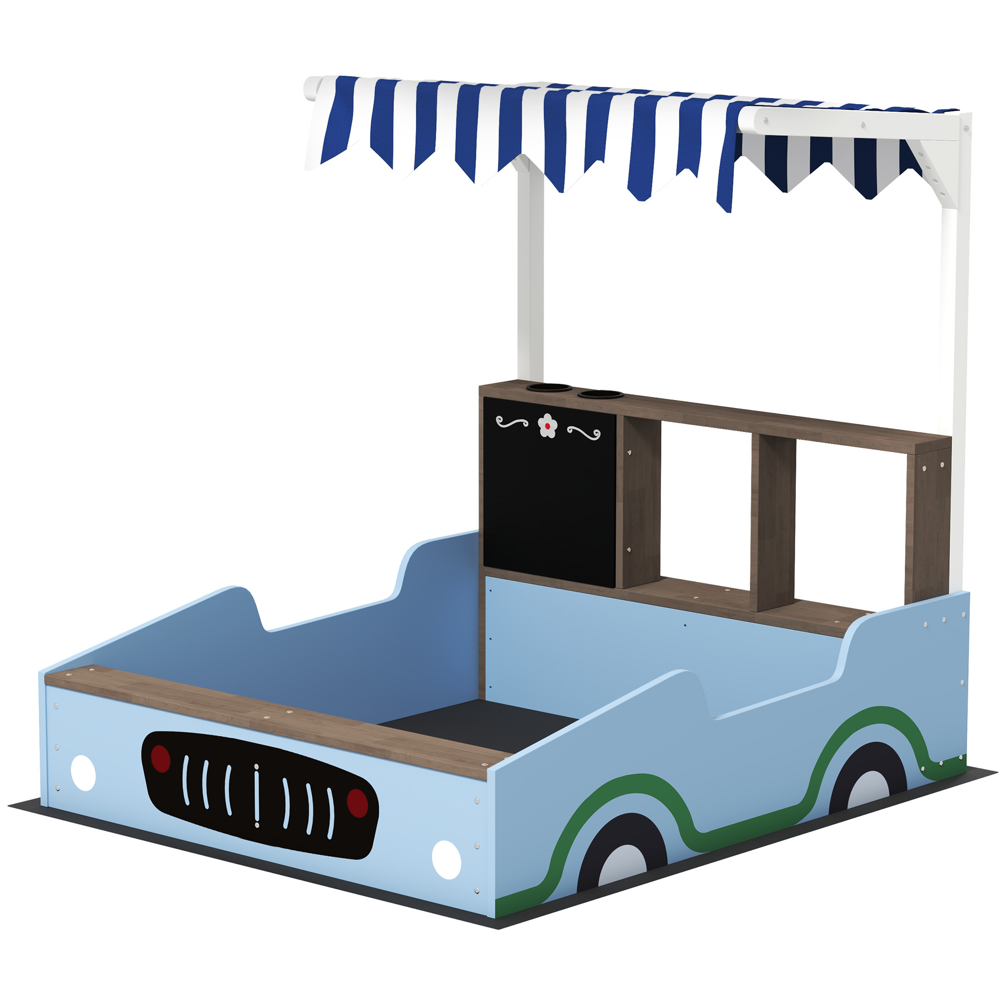 Qaba Kids Wooden Sandbox with Canopy with Bench Seats, Bottom Liner, Drawing Board, Planting Boxes f