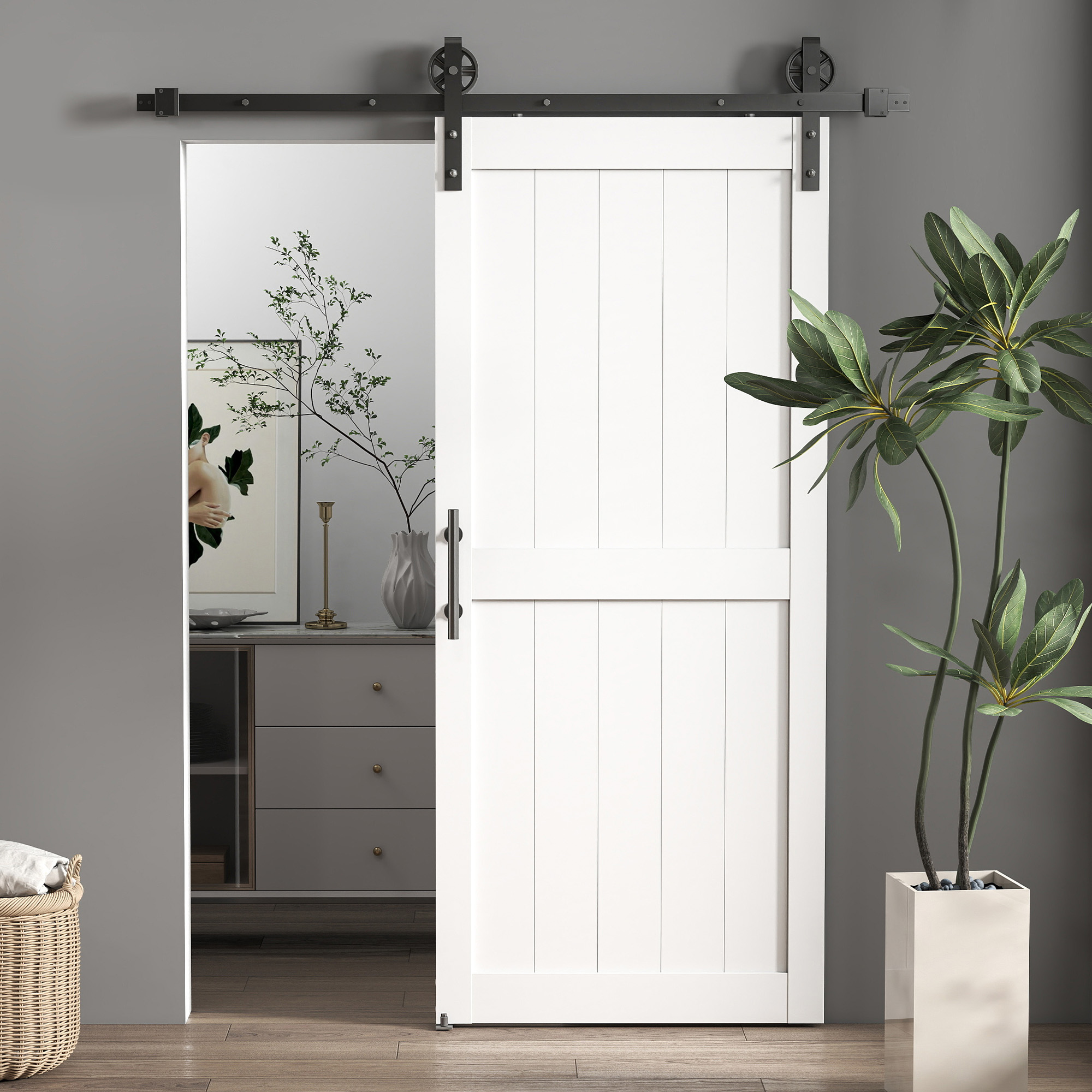 HOMCOM 36inx84in Barn Door with 6FT Sliding Door Hardware Kit, Handle, Upgraded Rollers and Floor Guide, Waterproof, White Aosom Canada