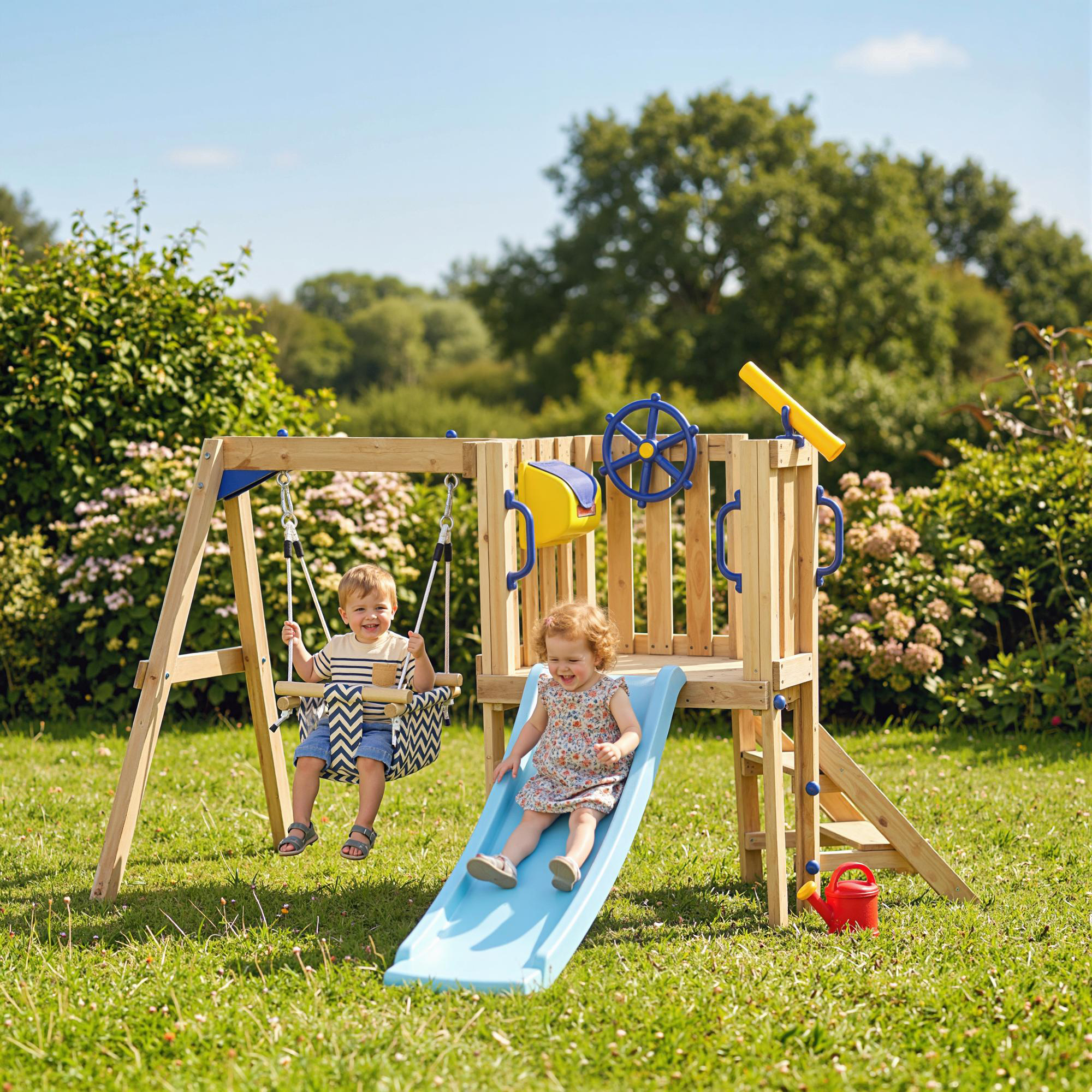 Outsunny Wooden Kids Swing Set with Slide, Swing Seat, Captain's Wheel, Telescope, for Ages 18-48 Months, Natural Aosom Canada