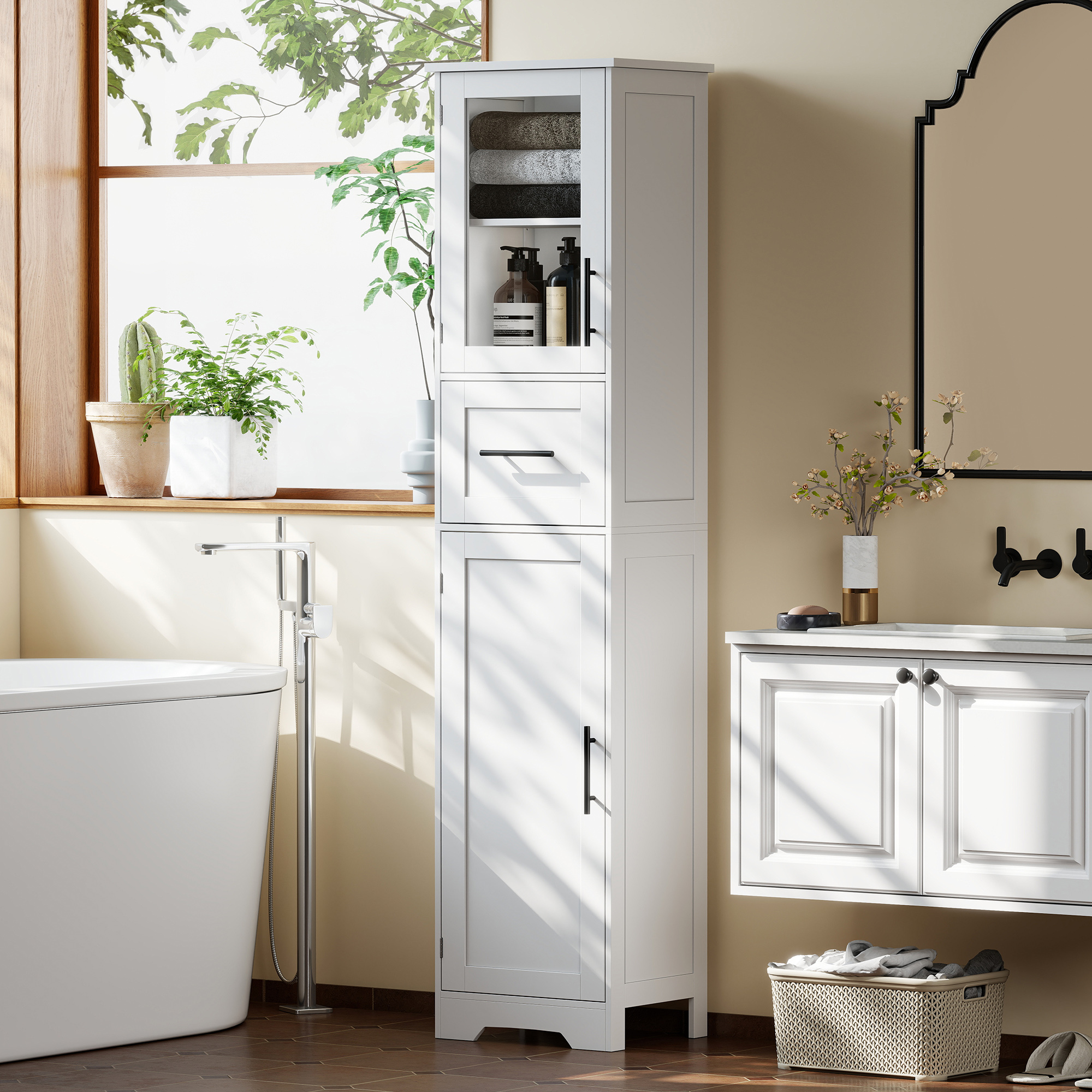 HOMCOM 67" Tall Bathroom Storage Cabinet with Adjustable Shelves, Glass Door and Drawer, Freestanding Narrow Bathroom Cabinet Aosom Canada
