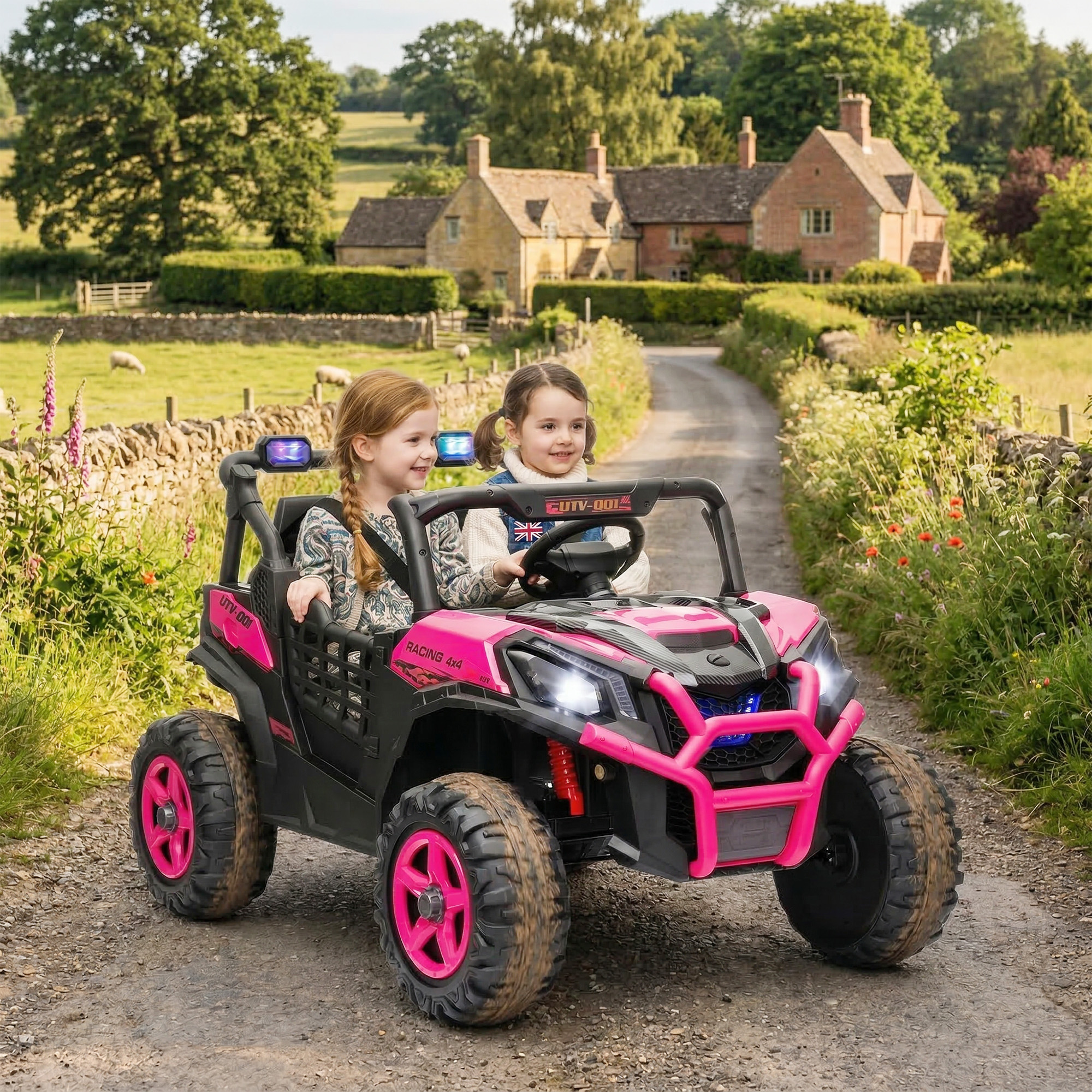 Qaba 2 Seater 24V Electric Car for Kids w/ Remote Control, 3 Speed, LED Lights, Music, Horn, Spring Suspension, Pink Aosom Canada