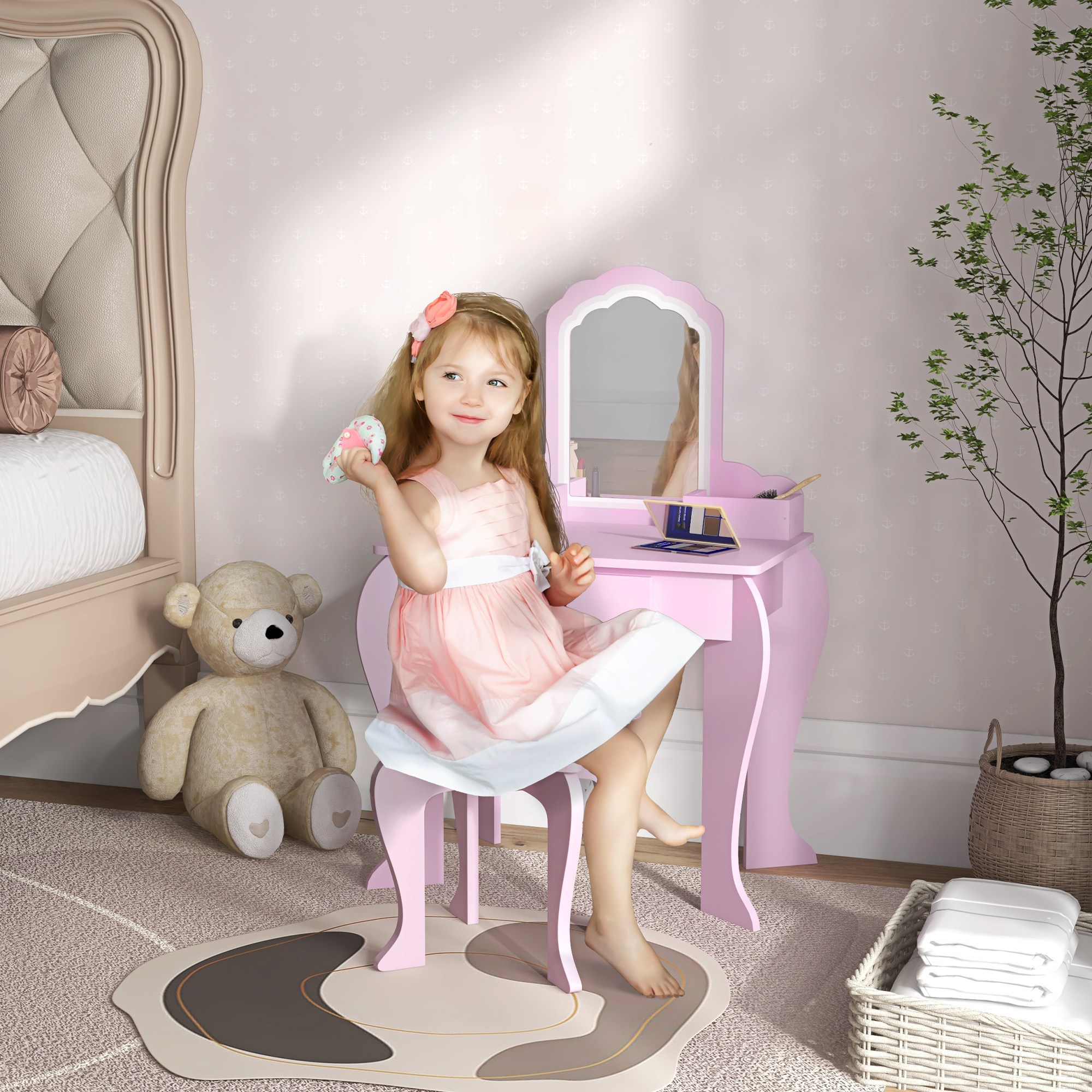 Qaba Cloud Vanity Set: Mirror, Stool, Drawer, Storage for 3-6 Years, Pink Aosom Canada