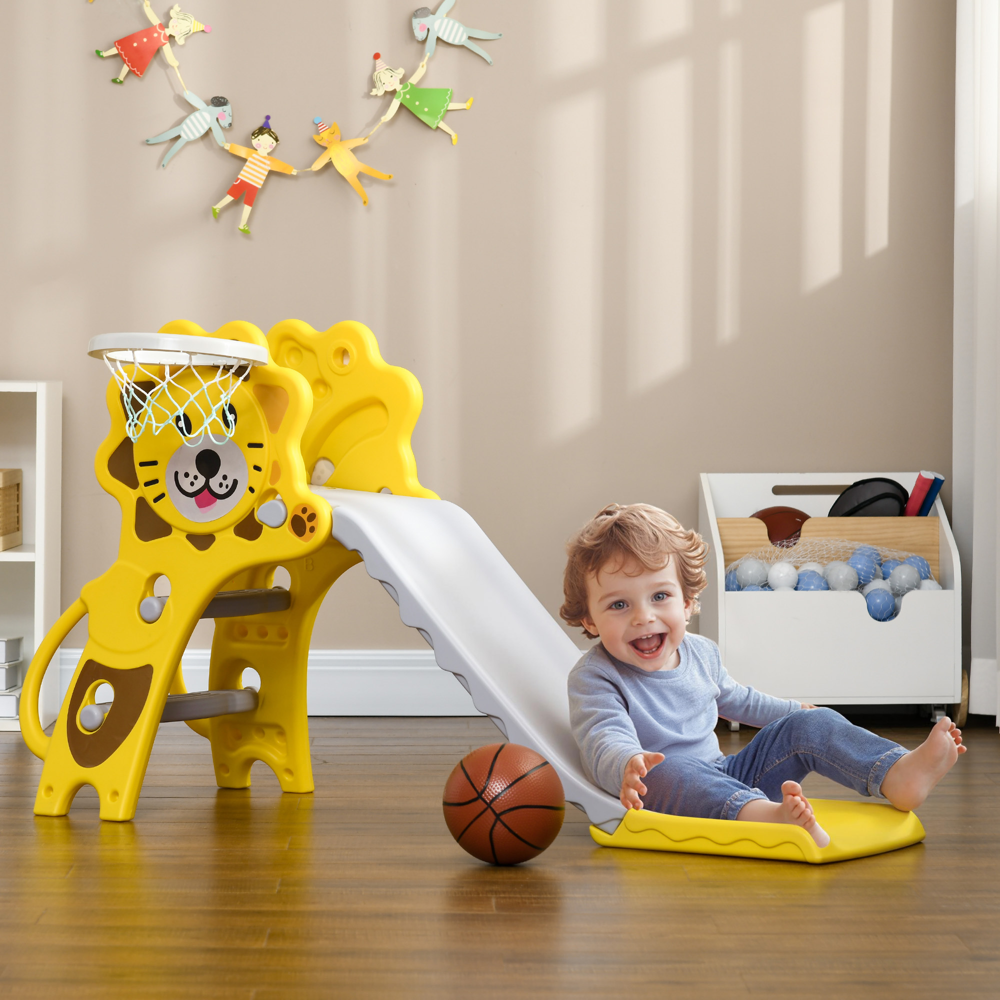 Qaba 2-in-1 Toddler Slide and Basketball Hoop Playset for Kids 18-36 Months Indoor Activity Yellow Aosom Canada