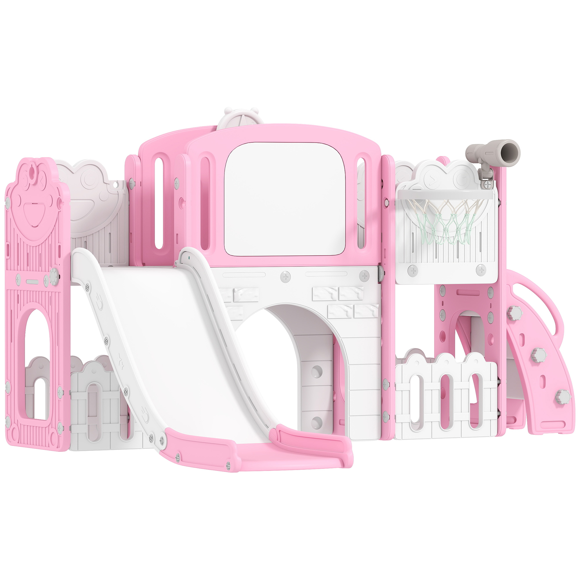 Qaba 7 in 1 Kids Slide with Climber, Basketball Hoop, Telescope, Indoor Outdoor Playground, for Boys Girls Ages 1-3, Pink