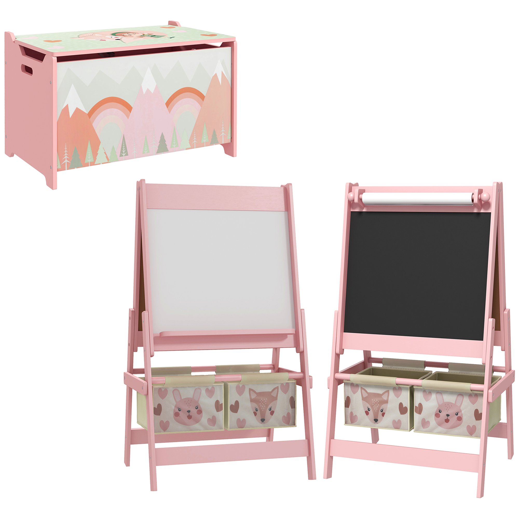 Qaba Toy Box with Lid and Kids Easel with Paper Roll, Blackboard, Whiteboard, Cute Fox Design, for Ages 3-8 Years, Pink