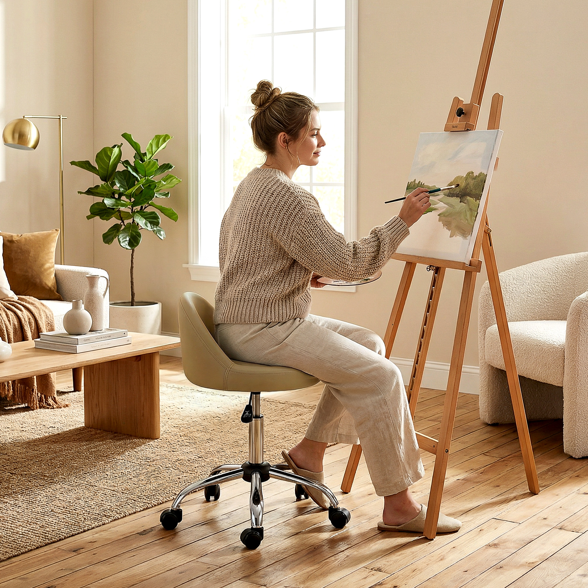 HOMCOM Salon Stool, Adjustable Rolling Stool, Light Brown Aosom Canada