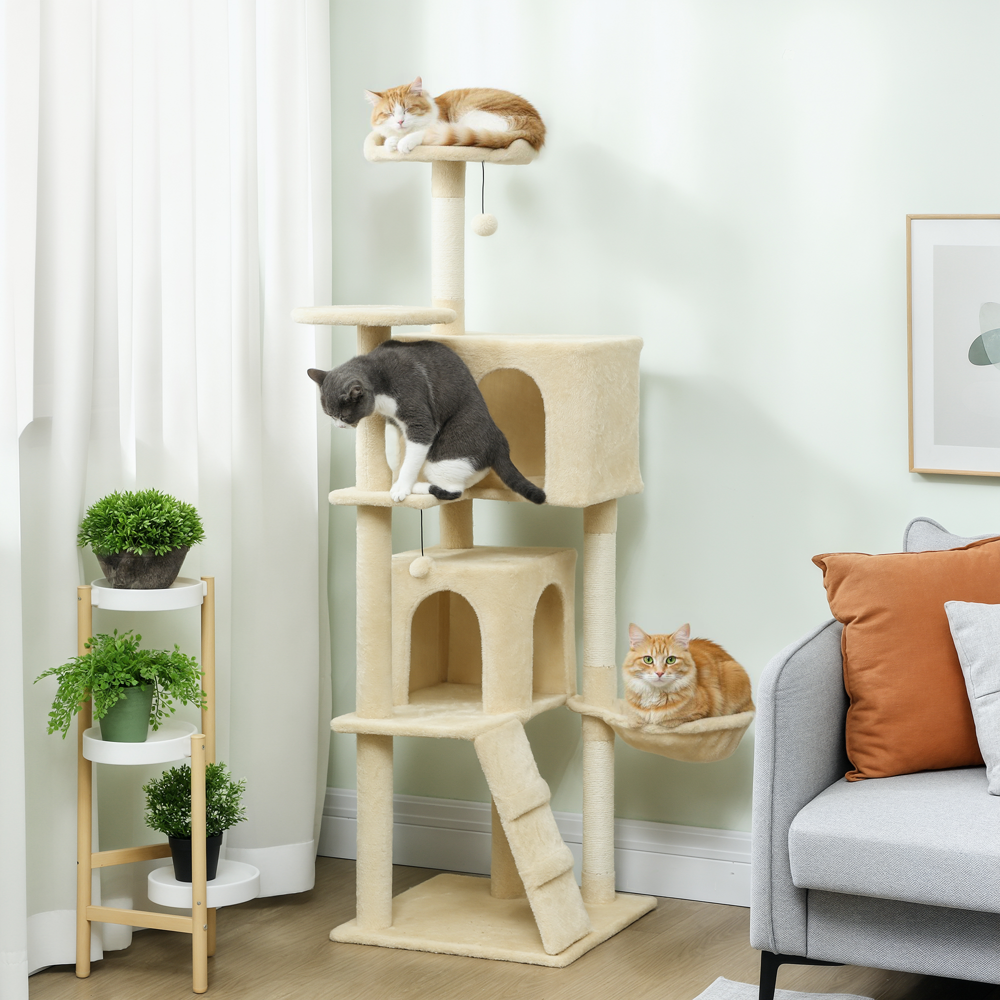 PawHut 63 Inch Cat Tree with Sisal Scratching Posts, Condos, Plush Perches, Hammock, Ladder, Dangling Balls, Beige Aosom Canada