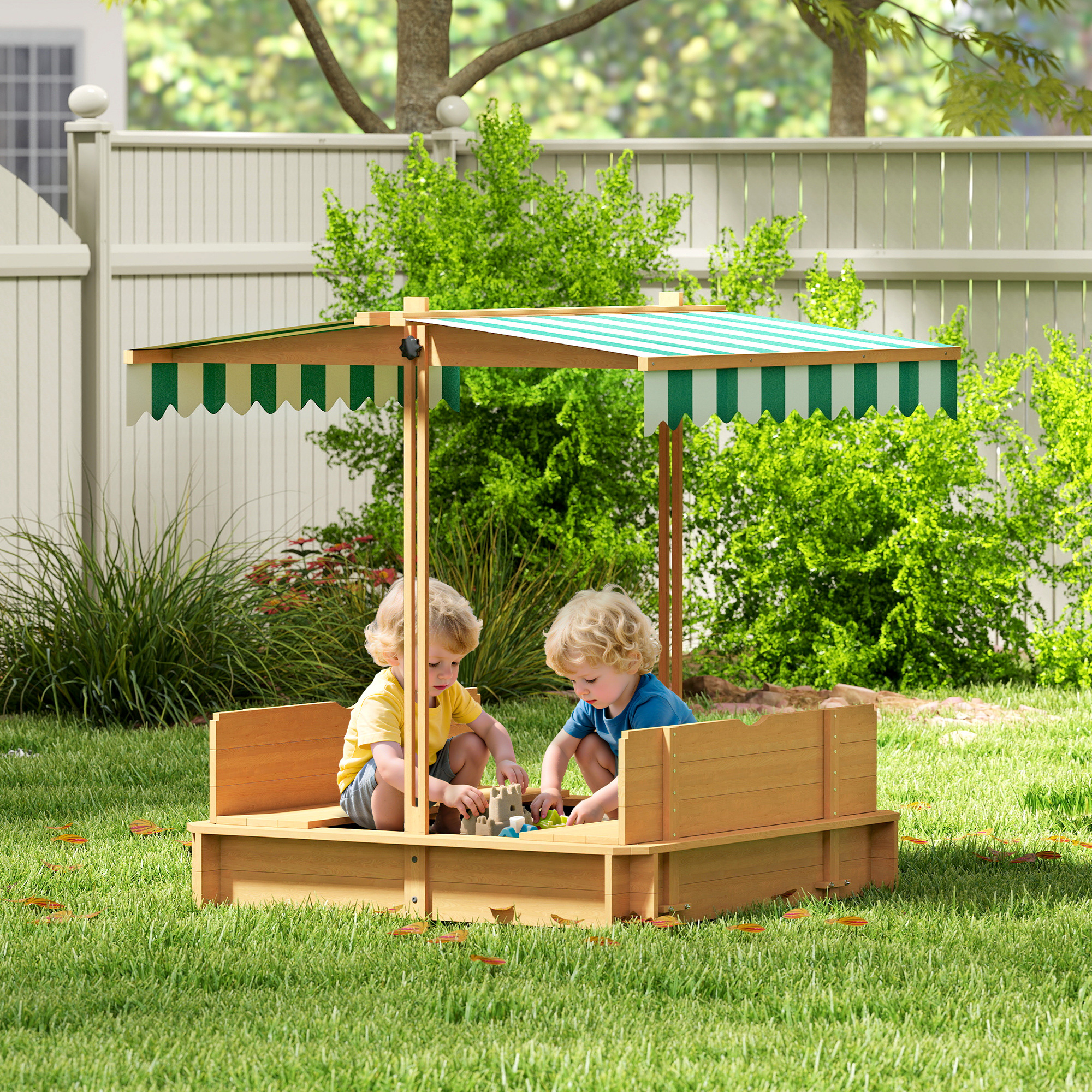 Outsunny Kids Sandbox Wooden with Cover Adjustable Canopy Foldable Bench Seats Sand Play Light Brown Aosom Canada