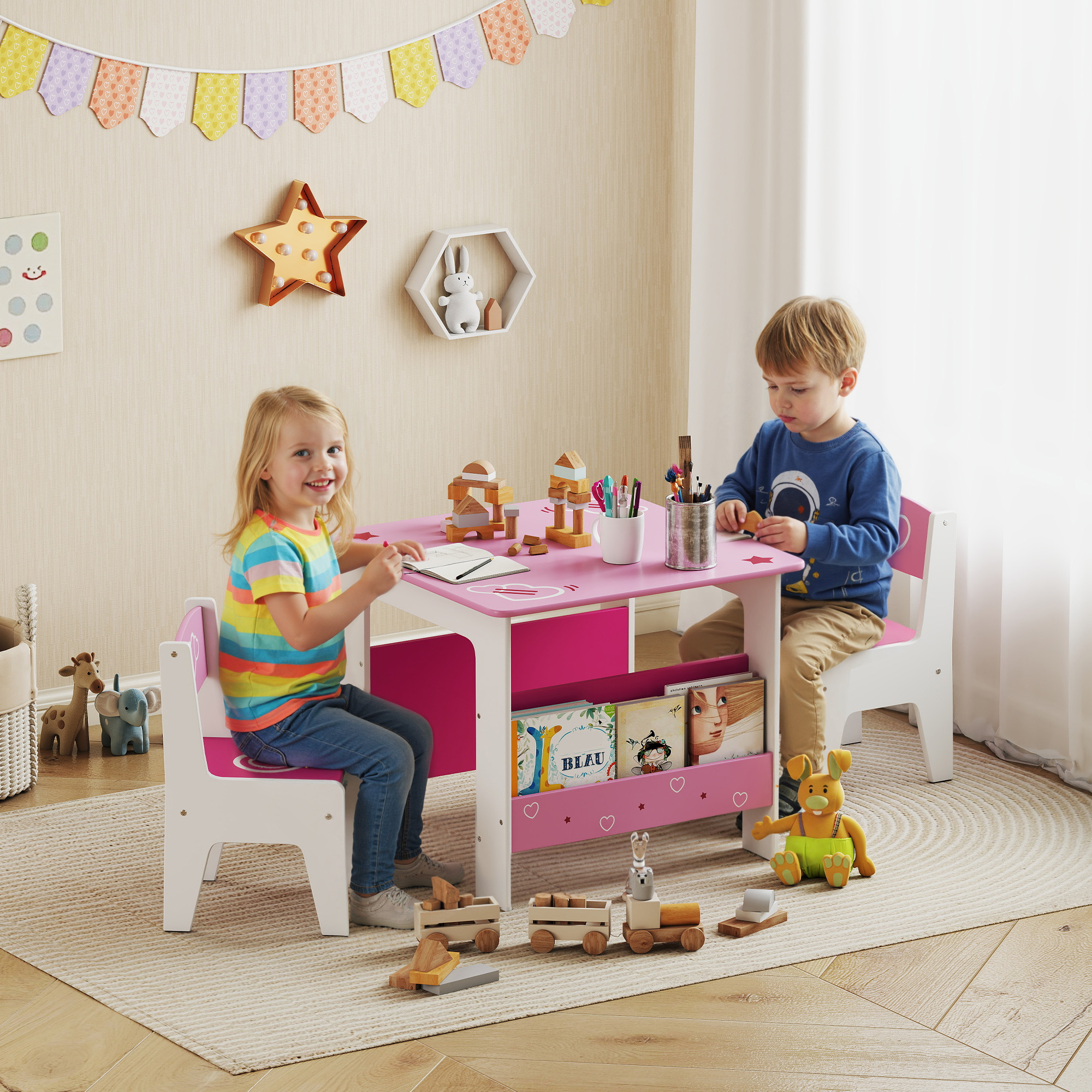 Qaba 3 Pieces Kids Table and Chair Set with Bookshelves, for Classroom, Home, Nursery, Playroom, for Read, Draw, Art, Pink Aosom Canada