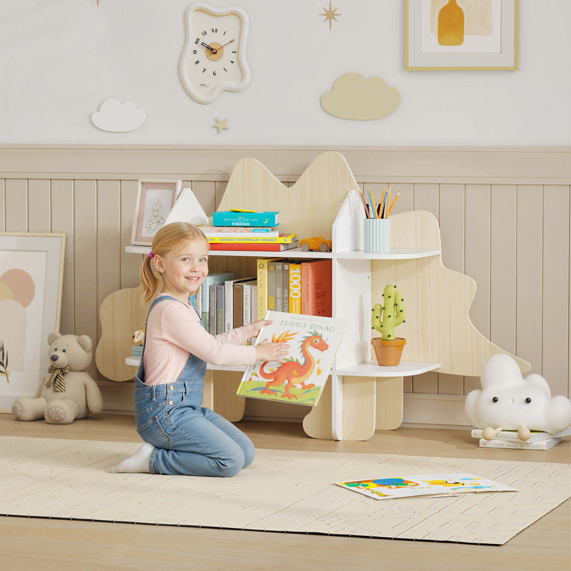 Qaba Dinosaur Themed Kids Bookshelf, 2 Tier Kids Bookcase, for Playroom, Bedroom, Living Room, Kids Room, Natural Aosom Canada