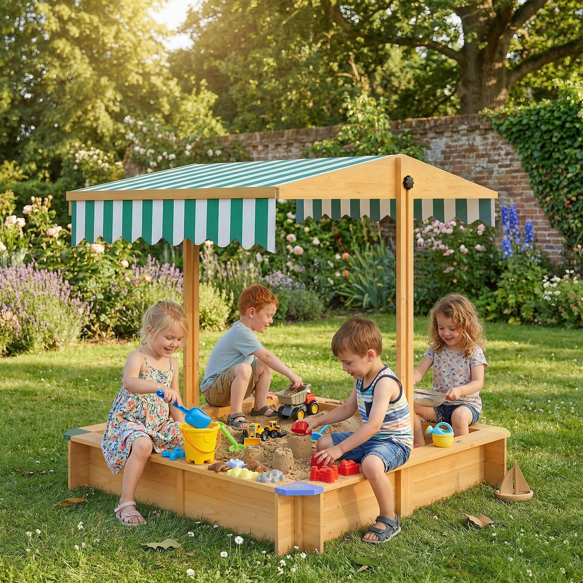 Outsunny Wooden Sandbox with Cover, Kids Sandbox Outdoor with Adjustable Canopy and Seats for Backyard, Beach, Light Brown Aosom Canada