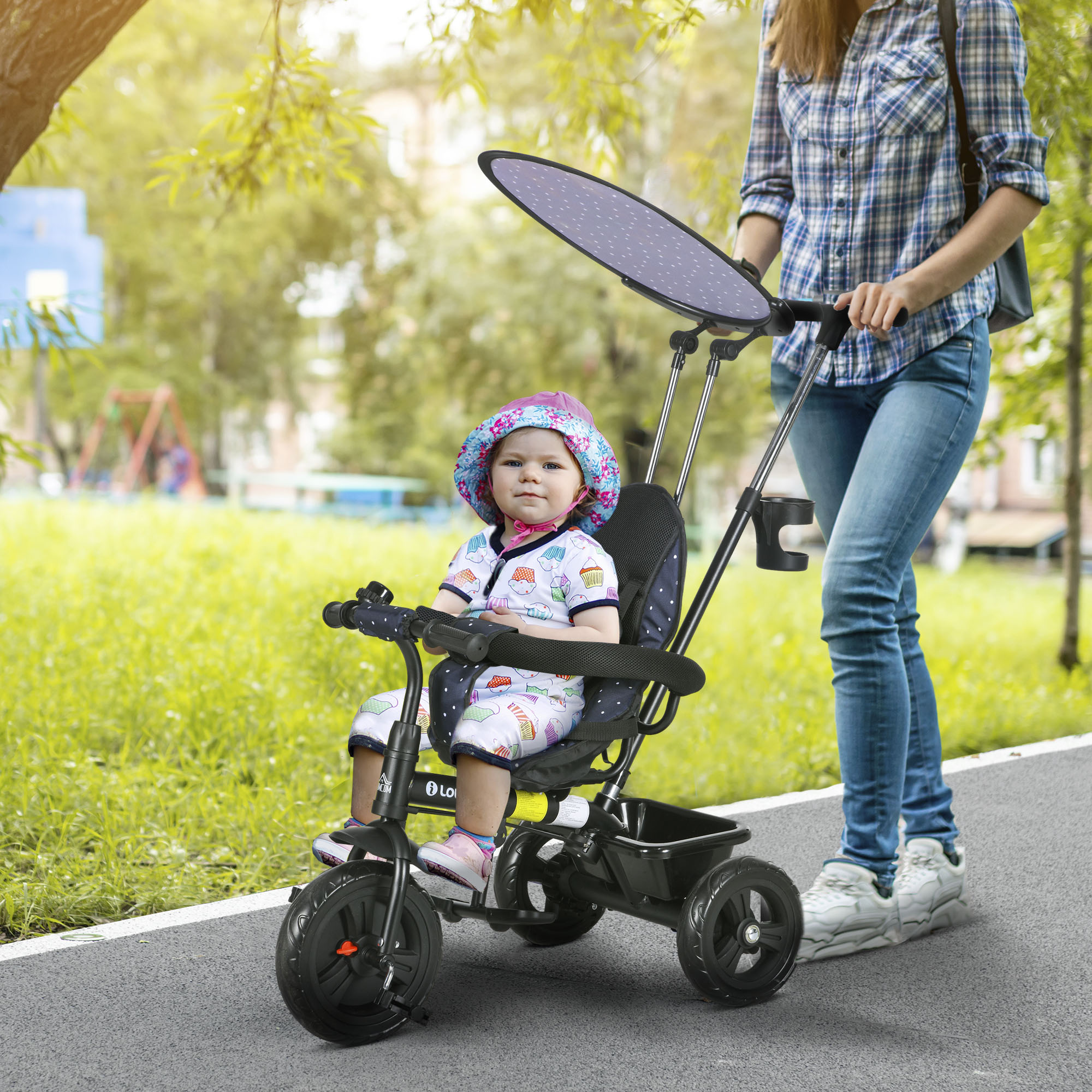 Qaba 6 in 1 Kids Tricycle with Removable Handlebar and Canopy, Navy Blue Aosom Canada