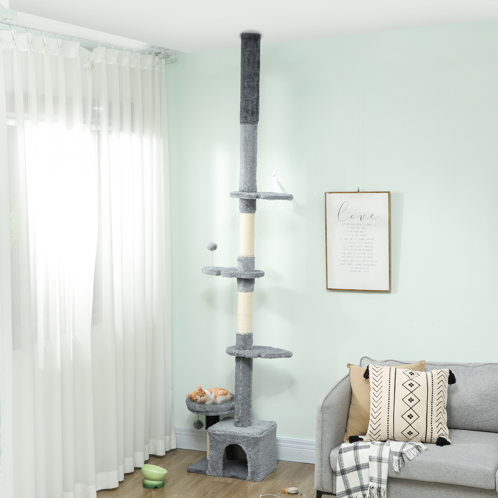 PawHut Floor to Ceiling Cat Tree, 4 Tiers Tall Kitty Climbing Tower with Scratching Post, Adjustable Height 87-100" Aosom Canada