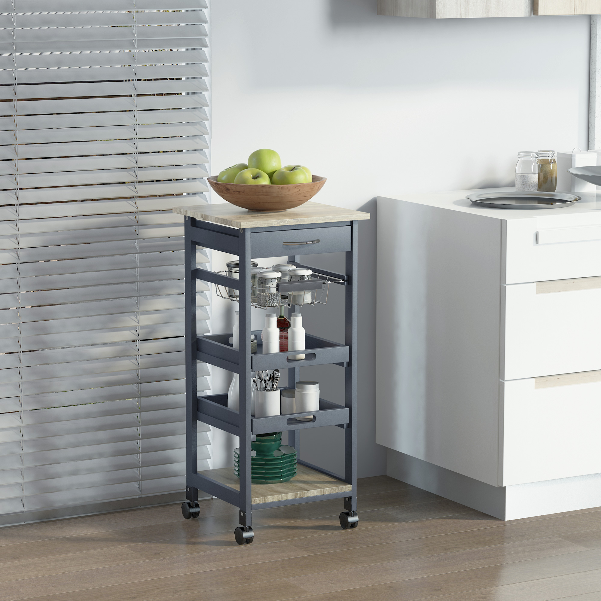 Mobile Kitchen Cart with Wire Baskets