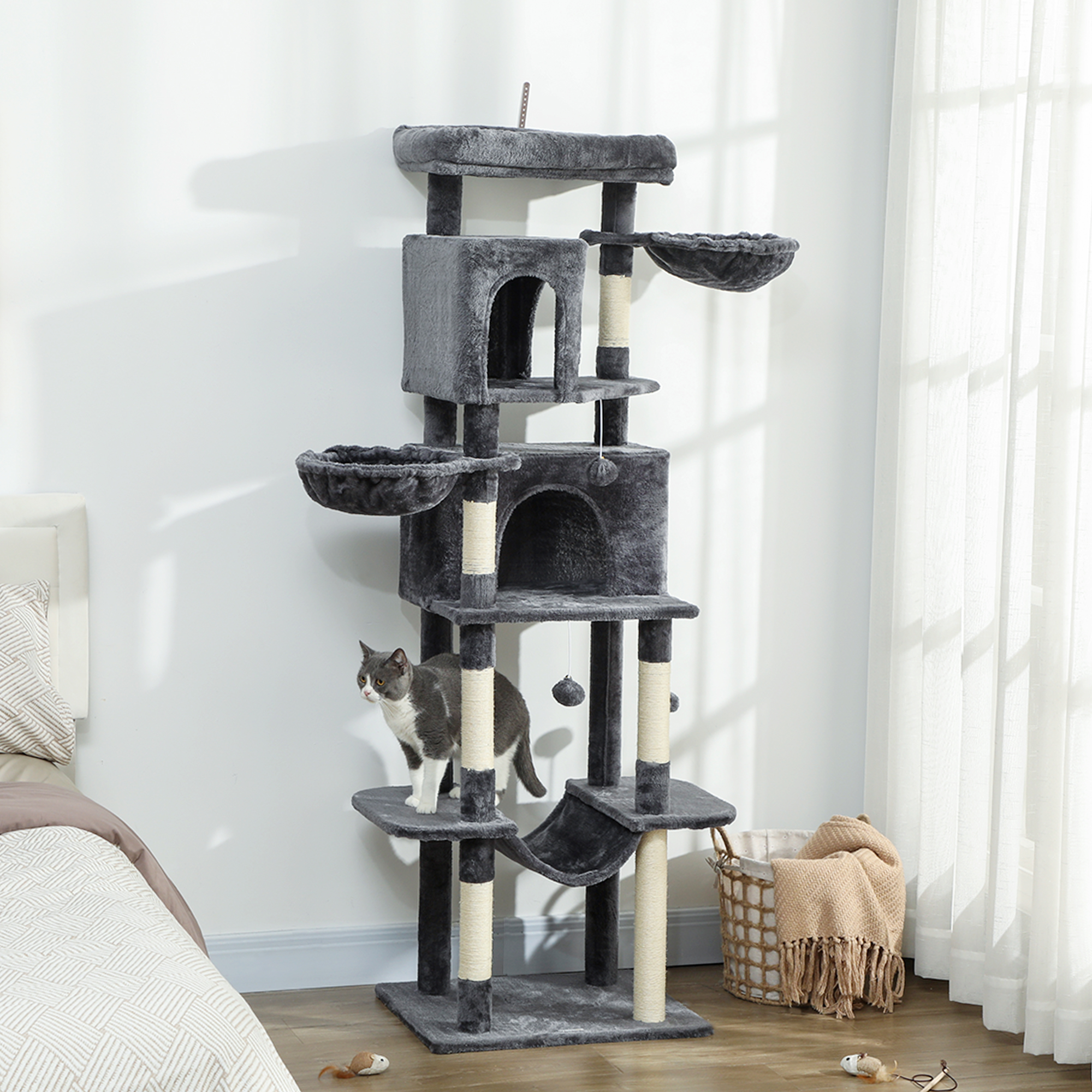 PawHut 69" Cat Tree, Multi-Level Cat Tower with 2 Condos, Plush Perch and Sisal Scratching Posts, Dark Grey Aosom Canada