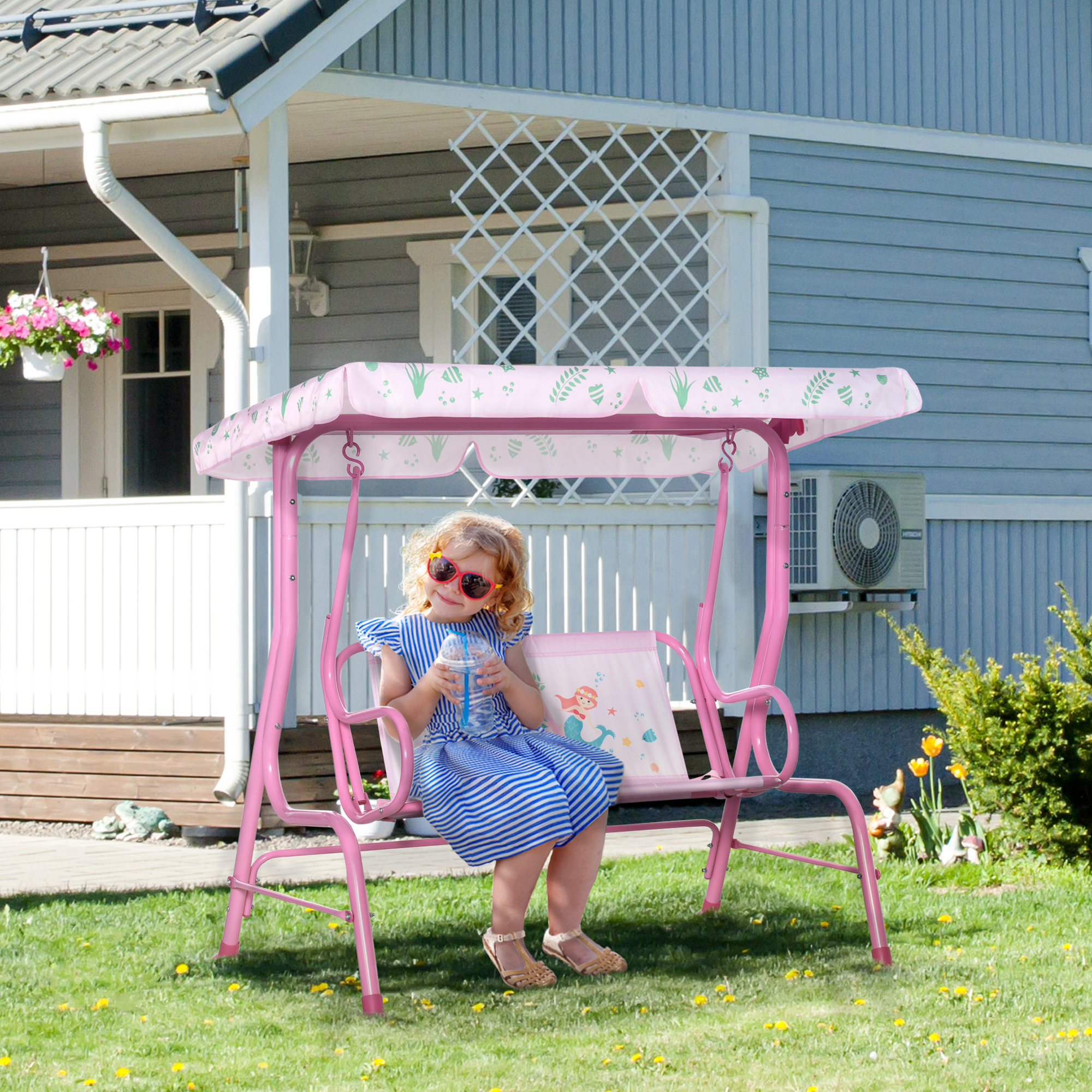 Outsunny 2-Seat Kid Swing with Canopy Mermaid Pattern Pink Outdoor Patio Chair Adjustable Awning Aosom Canada