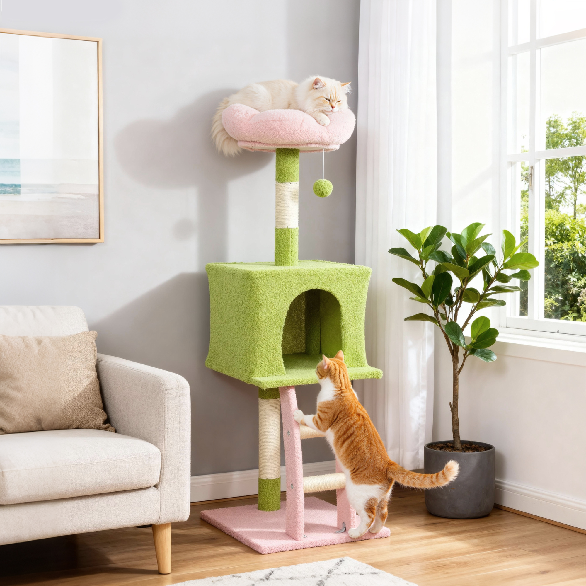 PawHut 48" Flower Cat Tree with Scratching Post, Cozy Bed, Condo, Climbing Ladder, Perch, Dangling Ball, Green Aosom Canada