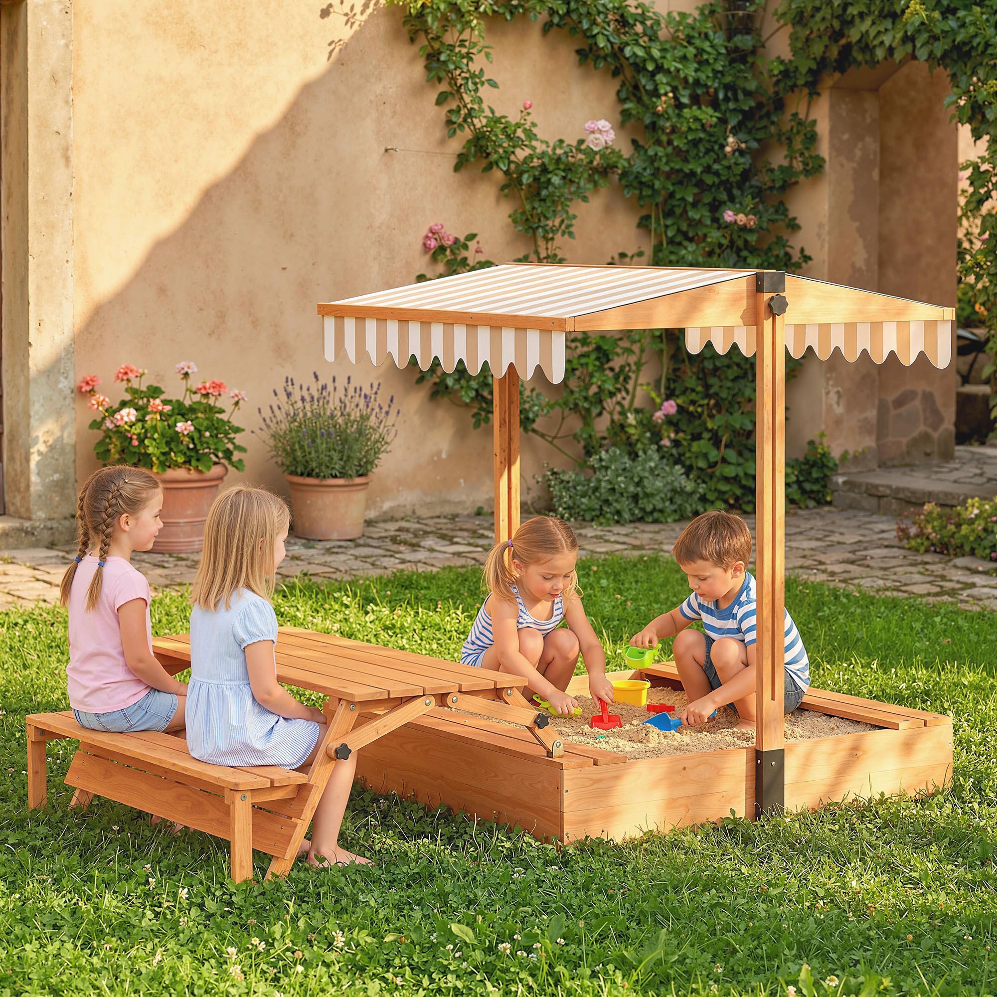 Qaba Kids Sandbox with Canopy, Wooden Sand Box with Foldable Picnic Table, Bench Seats, Liner, Cover, Gift for Ages 3-8 Aosom Canada
