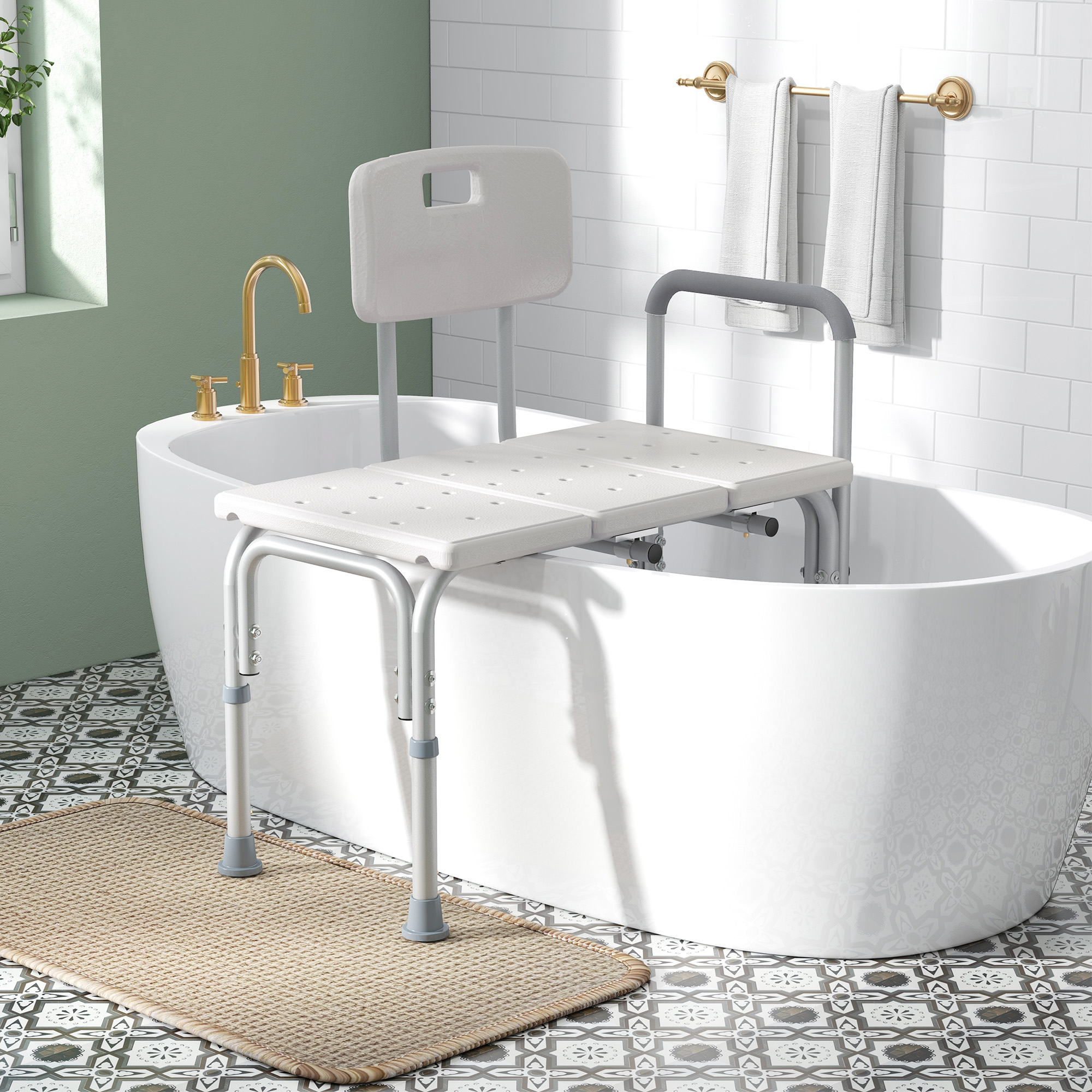 HOMCOM 6-Level Adjustable Bath and Shower Transfer Bench Aluminum Chair with Non-Slip Feet, Armrest & Backrest, White Aosom Canada