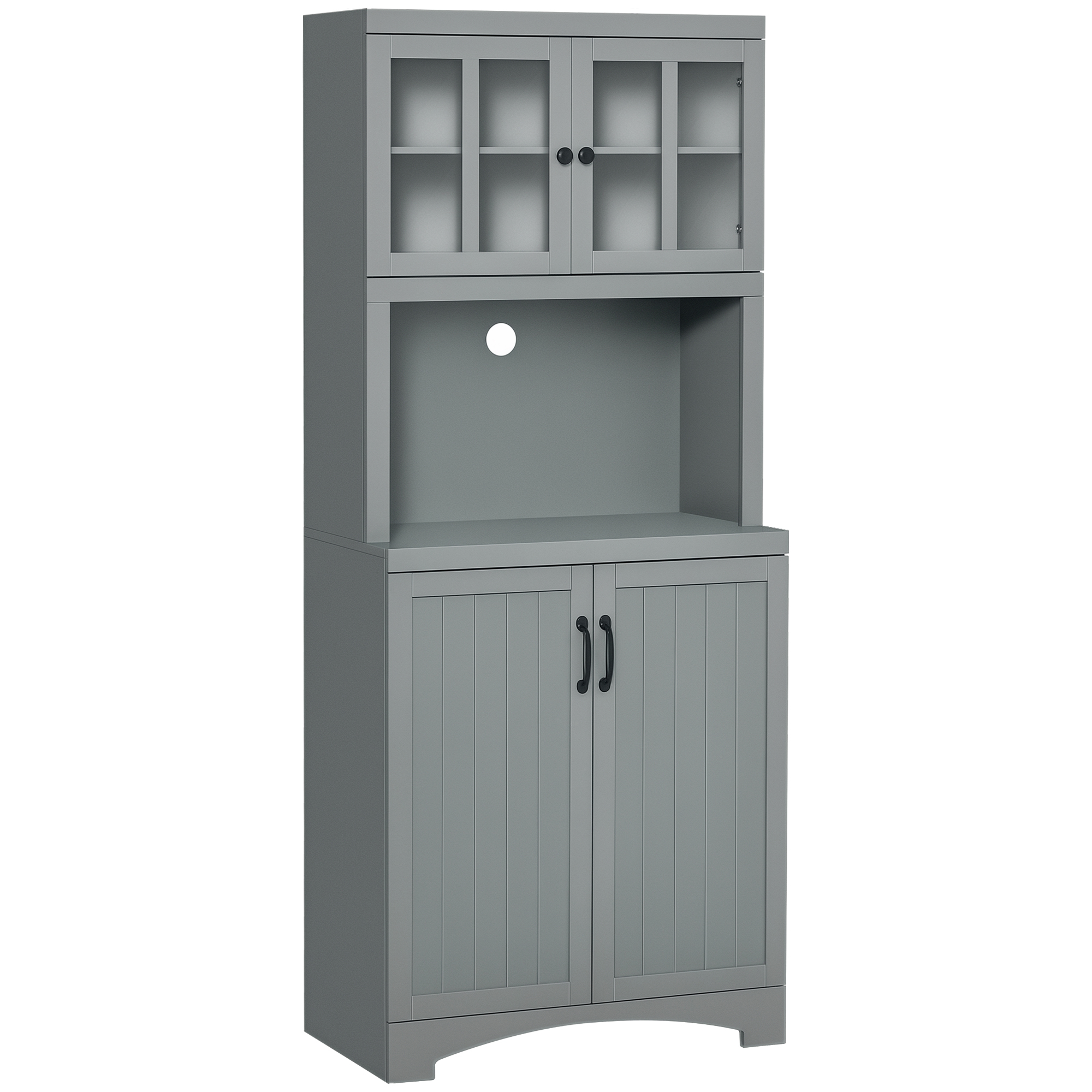 HOMCOM Storage Cabinet with Adjustable Shelves and Microwave Space, 70" Pantry Cabinet with Glass Framed Door, Gray