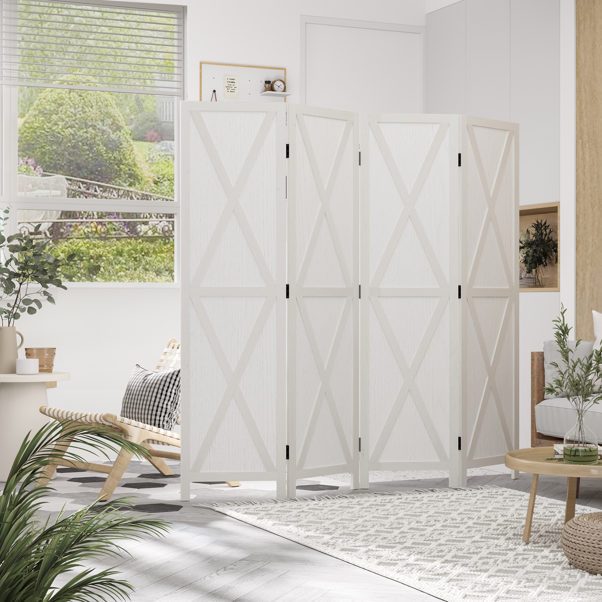 HOMCOM 4-Panel Room Divider Wall Partition Farmhouse Room Divider, Foldable Design Wooden Frame 5.6FT, White Aosom Canada