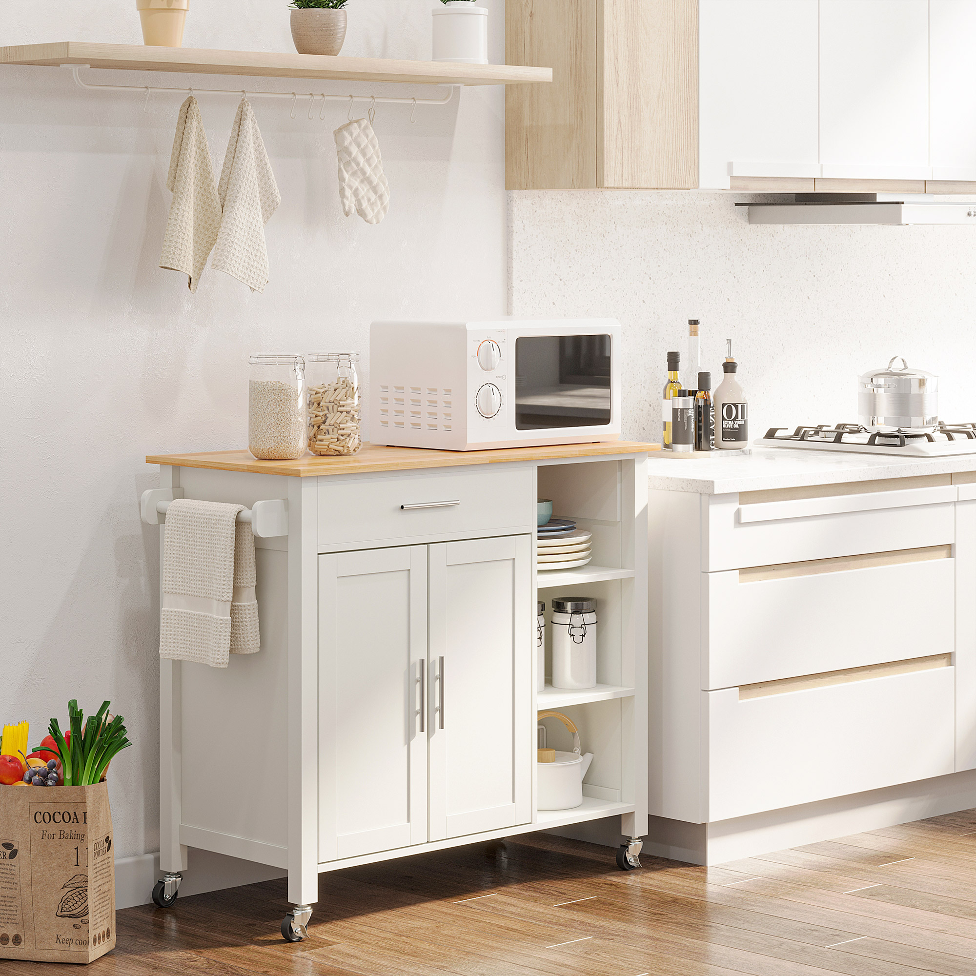 HOMCOM Versatile Valet: Wooden Rolling Kitchen Island with 360° Swivel Wheels, Dining Cart with Drawer, White Finish Aosom Canada