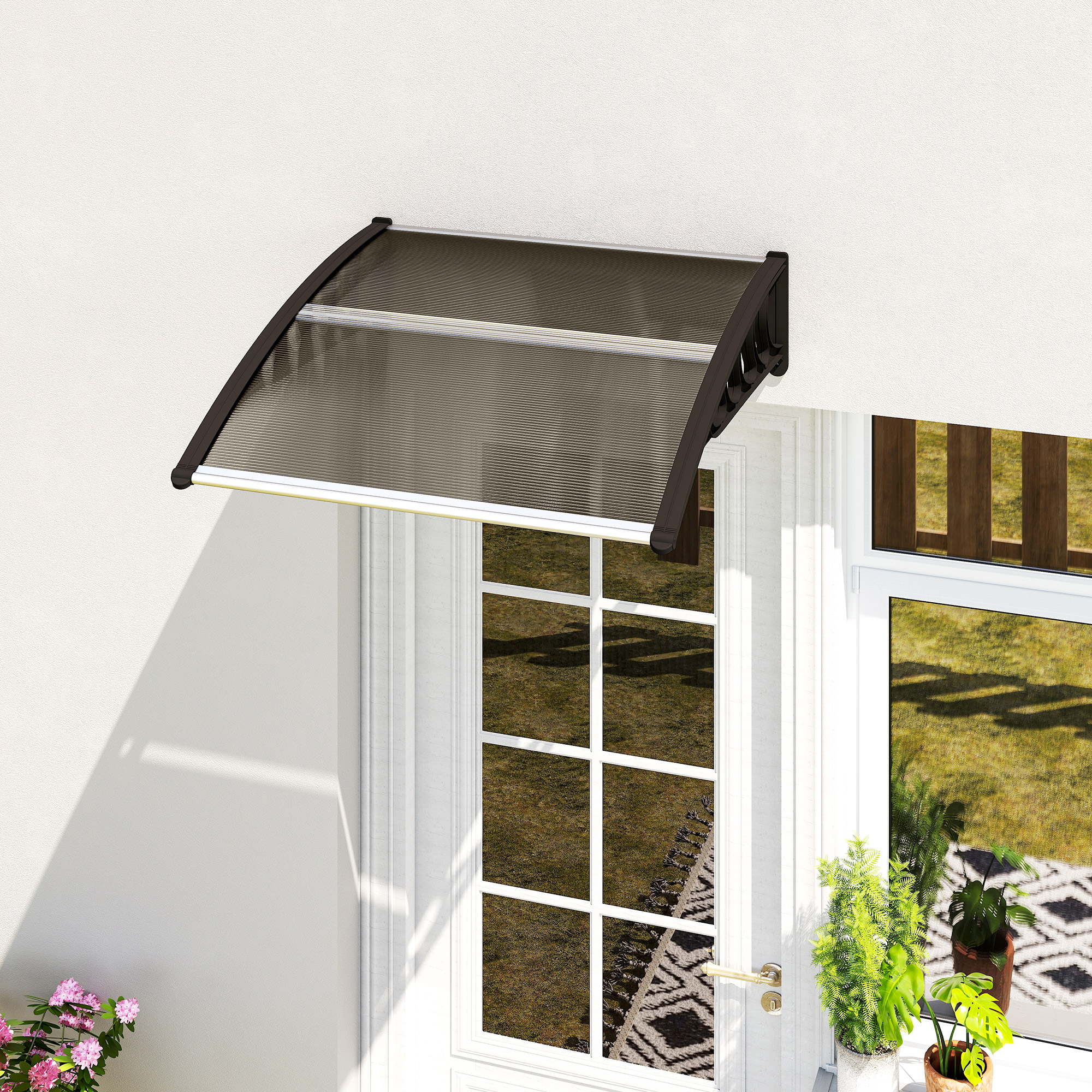Outsunny Door Awning Outdoor Shade Canopy 40.6" x 38" Polycarbonate Cover Hollow Sheet UV Protection Brown Aosom Canada