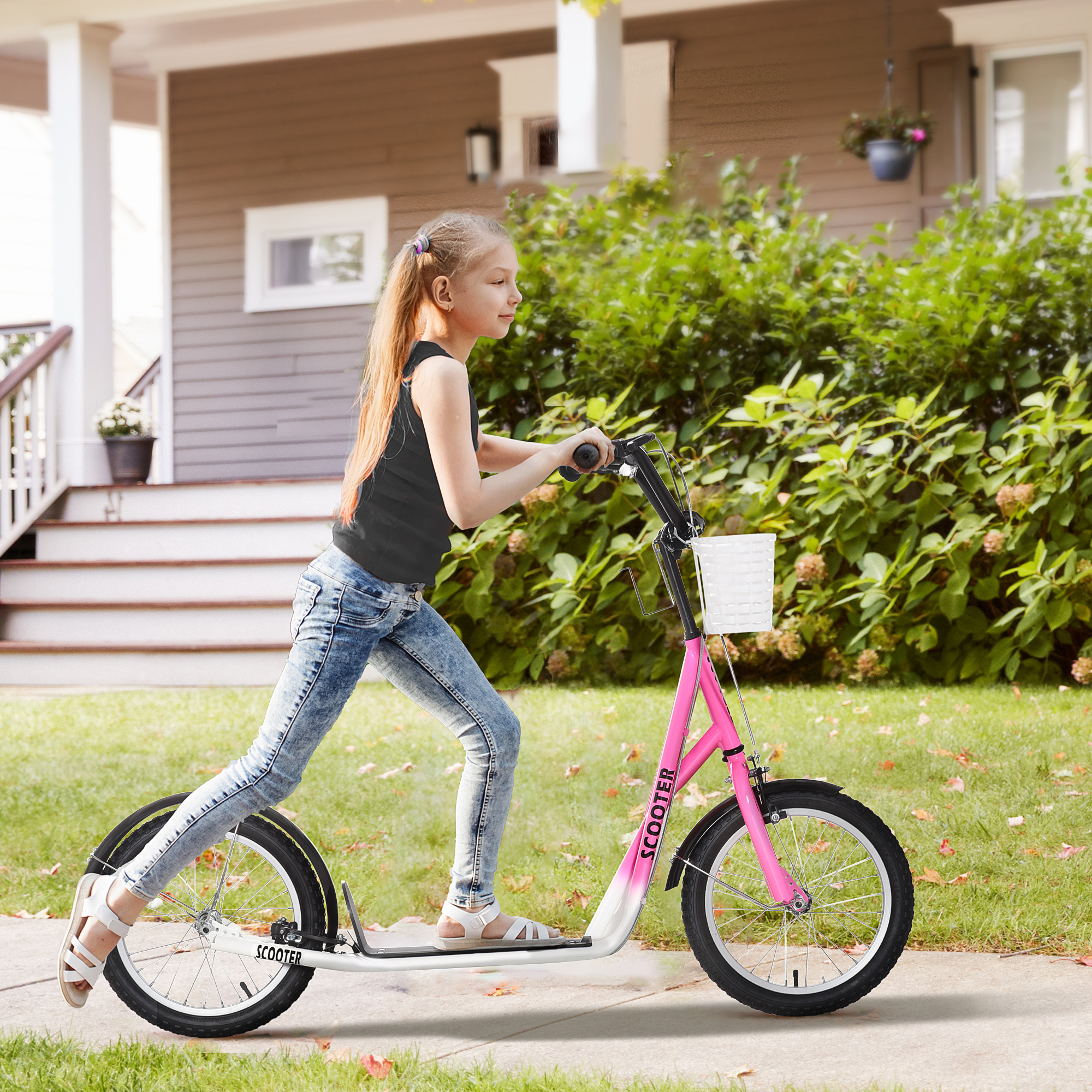 Aosom Kick Scooter for Kids Teens with Adjustable Handlebar Dual Brakes 16" Inflatable Rubber Tyres Outdoor Fun Pink Aosom Canada