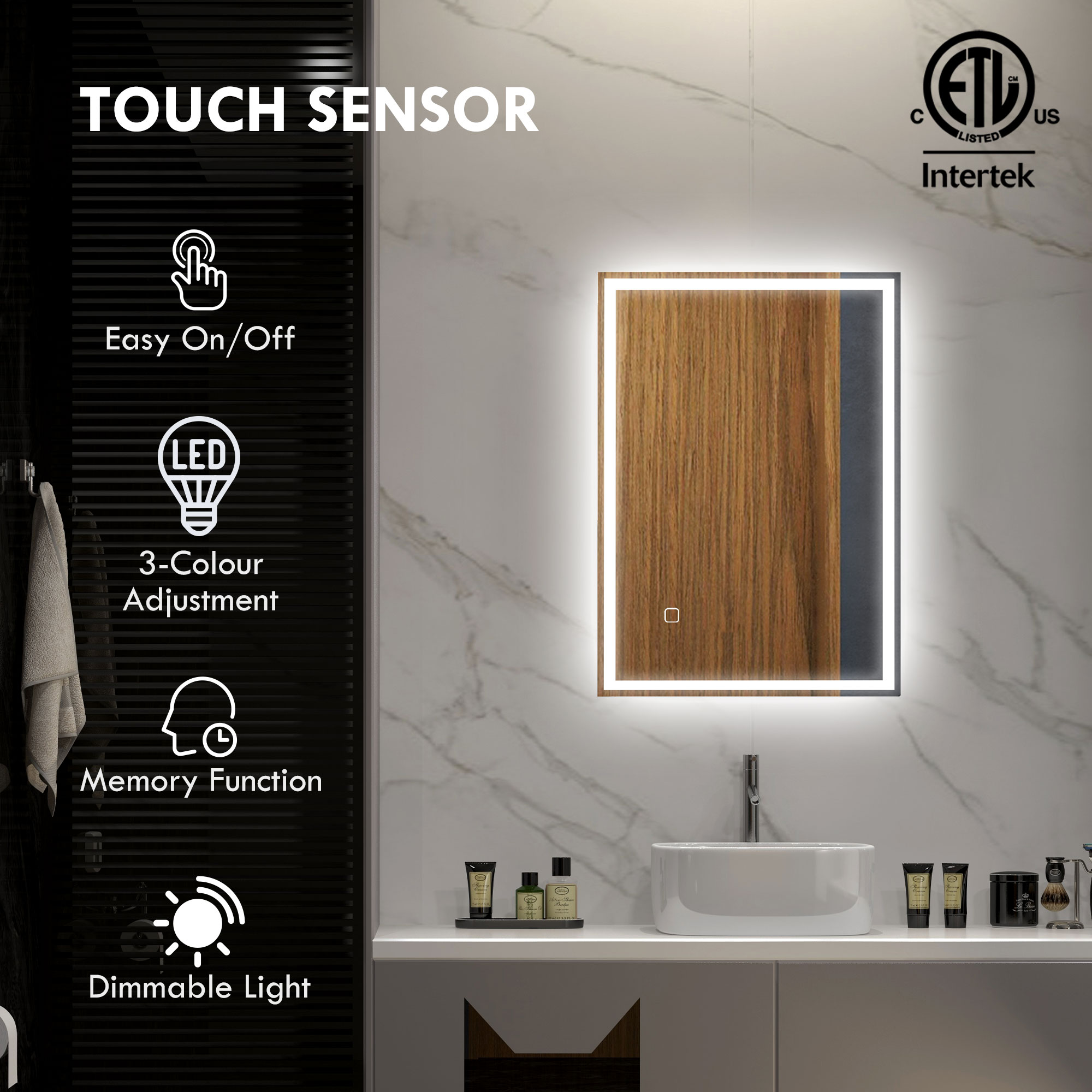 HOMCOM 32 x 24 Bathroom Mirror with LED Lights, Dimmable Makeup Mirror, Vanity Mirror with 3 Colors, Smart Touch