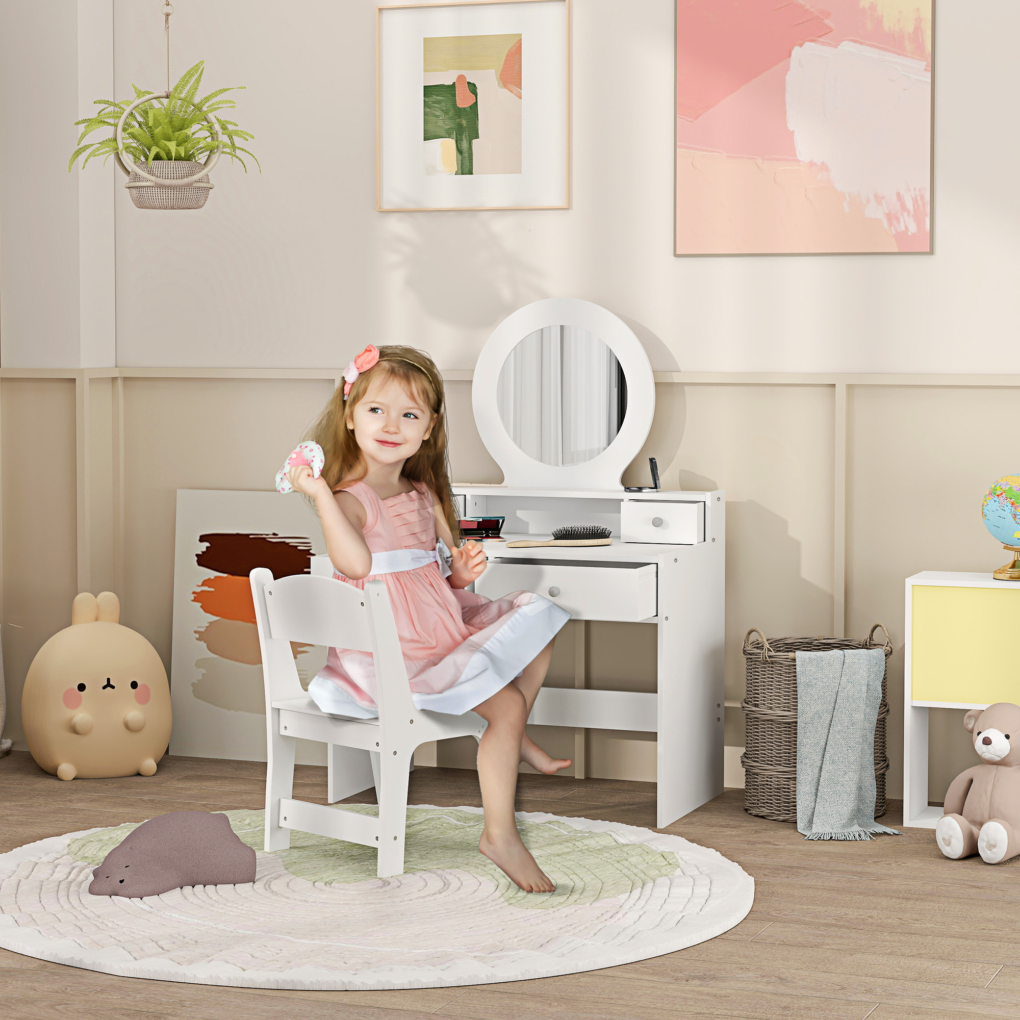 Qaba Kids Vanity Set, Children Makeup Table with Mirror, Stool and Storage Drawers, for Ages 3-8, White Aosom Canada