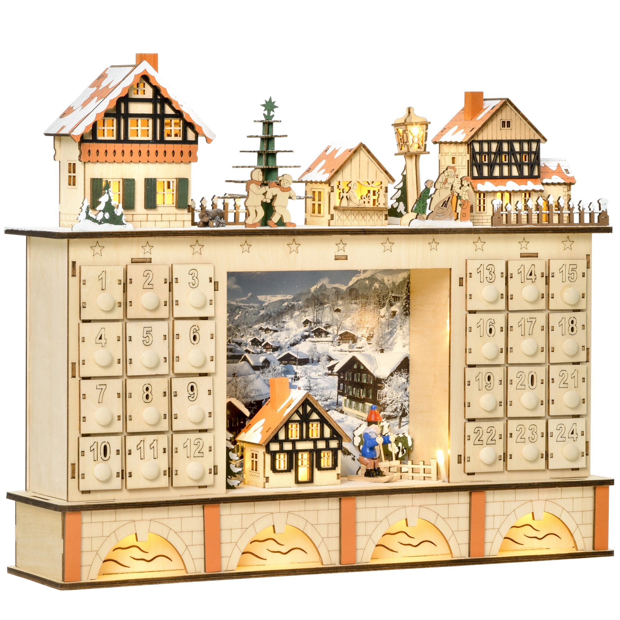 HOMCOM Christmas Advent Calendar, Light Up Table Xmas Wooden Store Holiday Decoration with Countdown Drawer, Village, for Kids and Adults, Natural