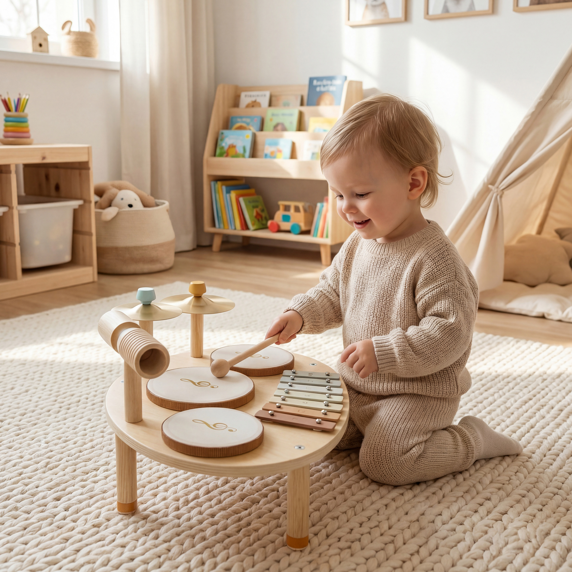 Qaba Toddler Drum Set, 4-in-1 Musical Instruments for Kids 2+, Gifts for Girls Boys Birthday, Natural Wood Aosom Canada