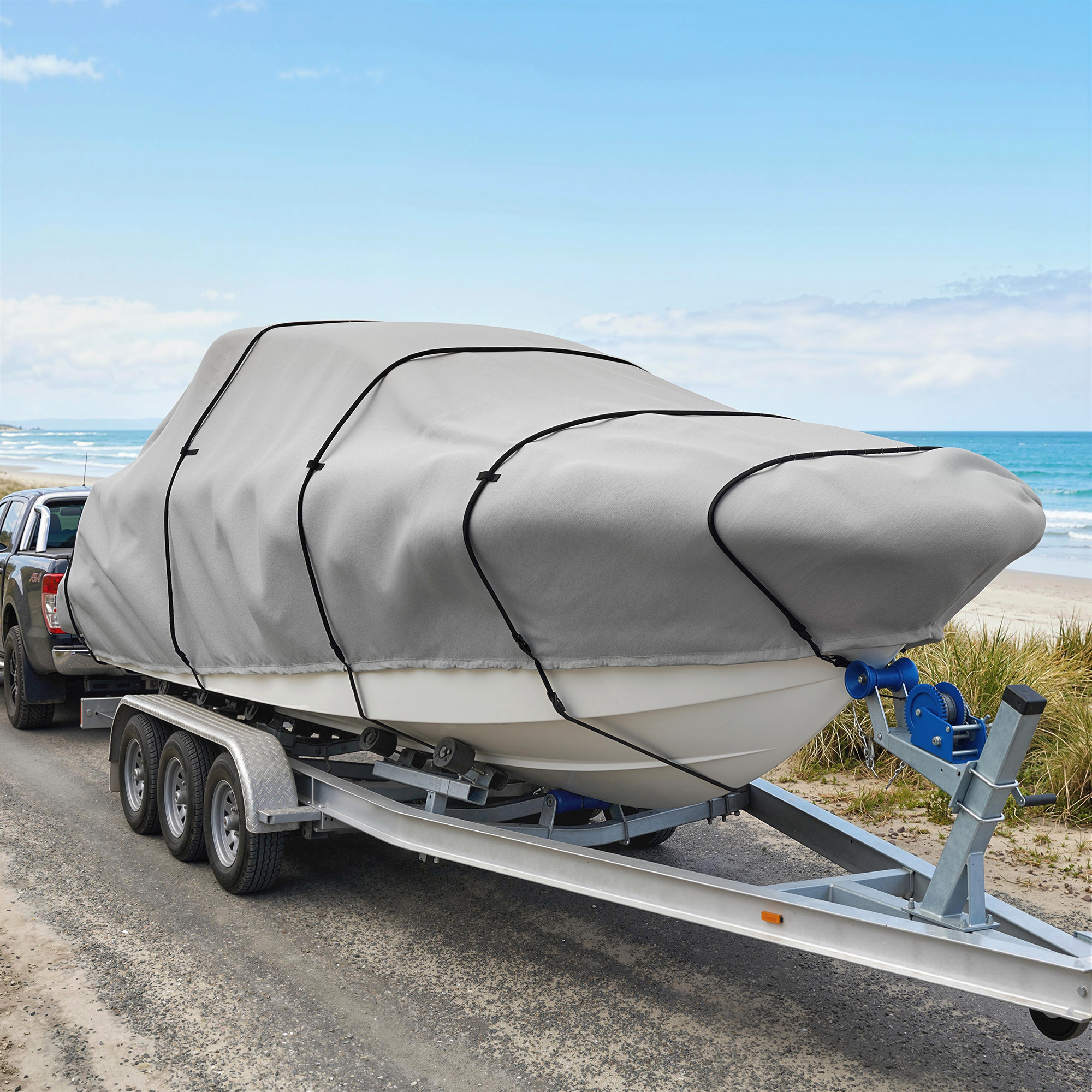 Outsunny 19-20 Ft Trailer Boat Cover, 3000mm Waterproof Universal Boat Cover with Quick-Fasten Buckles, Light Grey | Aosom Canada