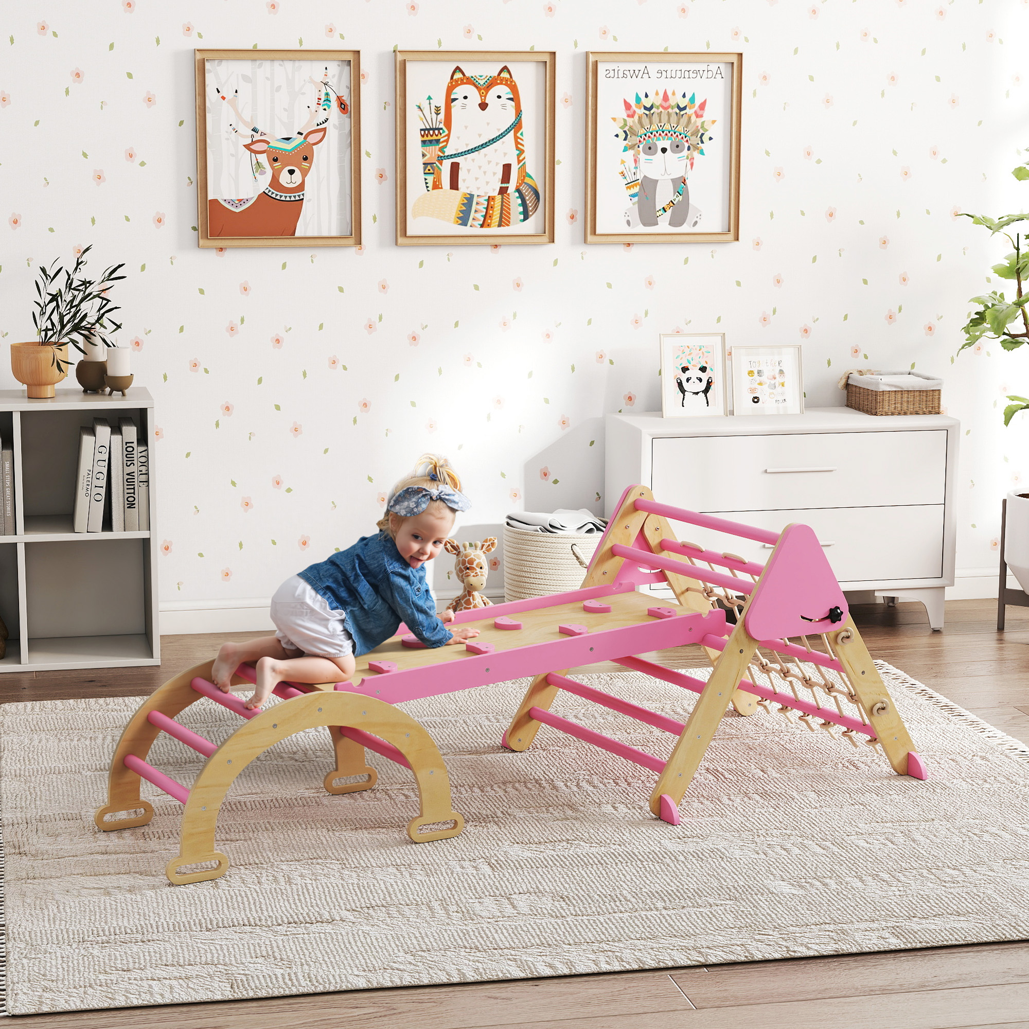 Qaba 8-in-1 Pikler Triangle Set, Foldable Wooden Climbing Toys with Arch, Ramp and Ladder for Ages 18-48 Mouths, Pink Aosom Canada