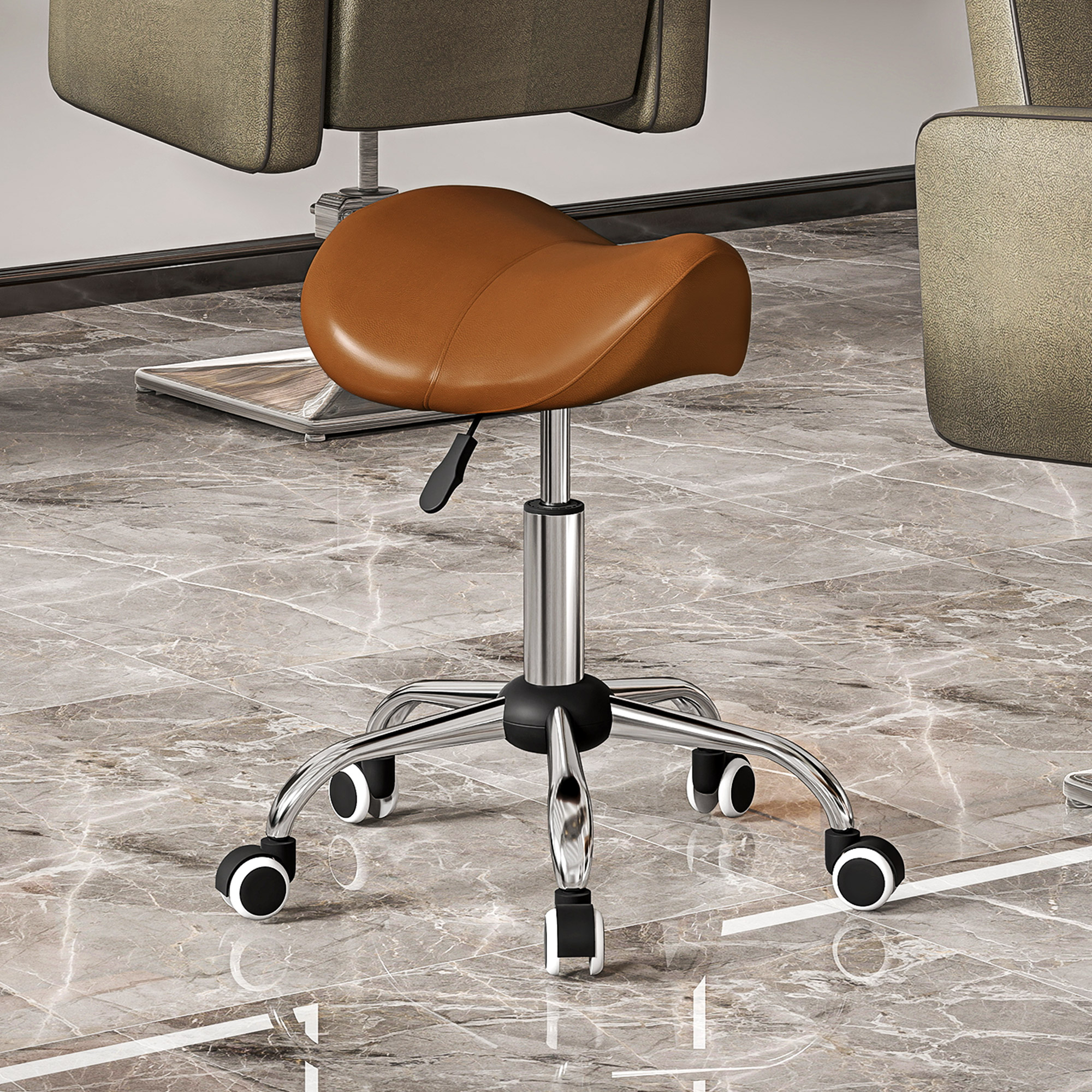 HOMCOM Cosmetic Stool 360° Rotate Height Adjustable Salon Massage Spa Chair Hydraulic Rolling Faux Leather Saddle Stool, Brown Aosom Canada