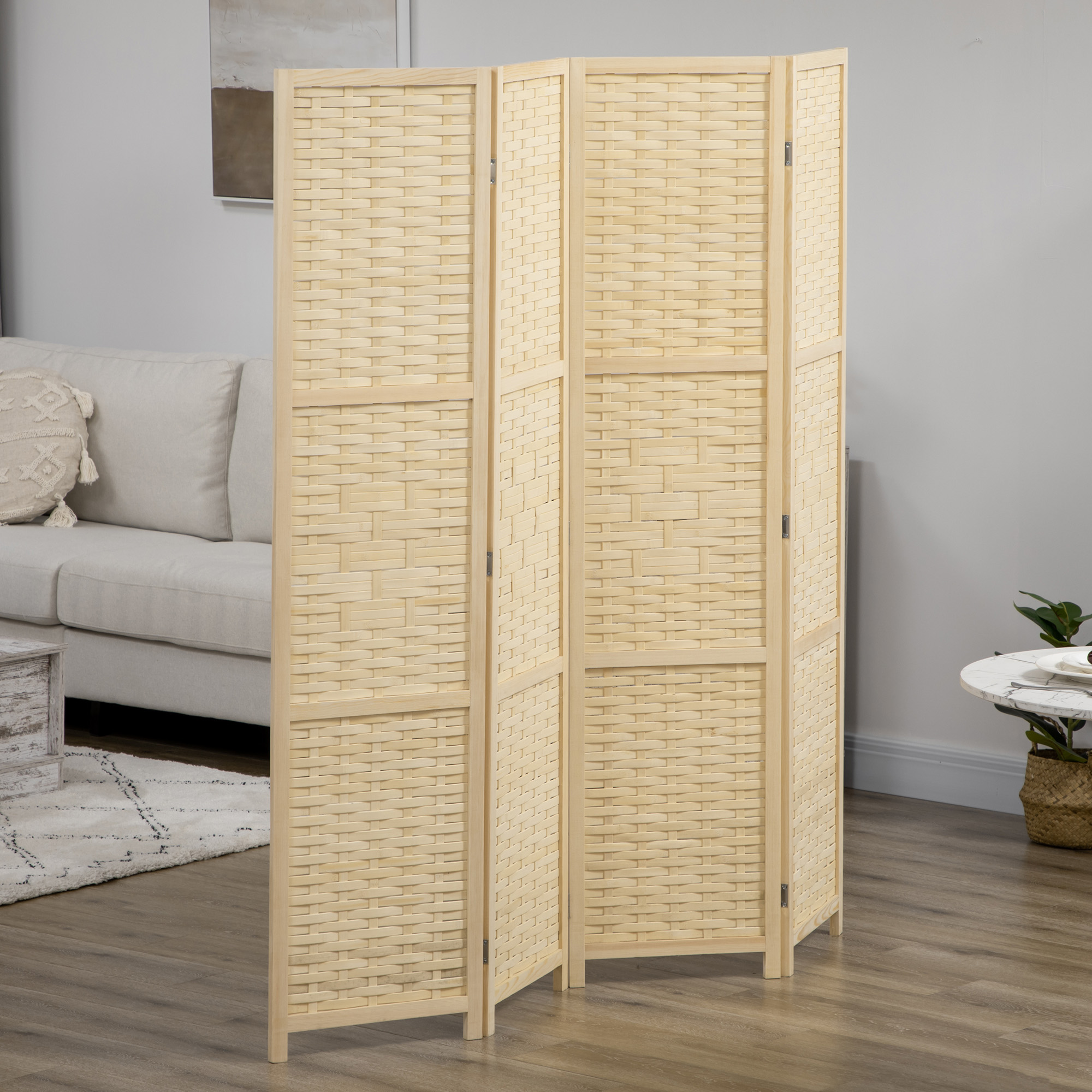 HOMCOM 4-Panel Room Divider, 5.6 FT Bamboo Freestanding Folding Privacy Screen for Indoor Bedroom Office, Natural Wood Aosom Canada