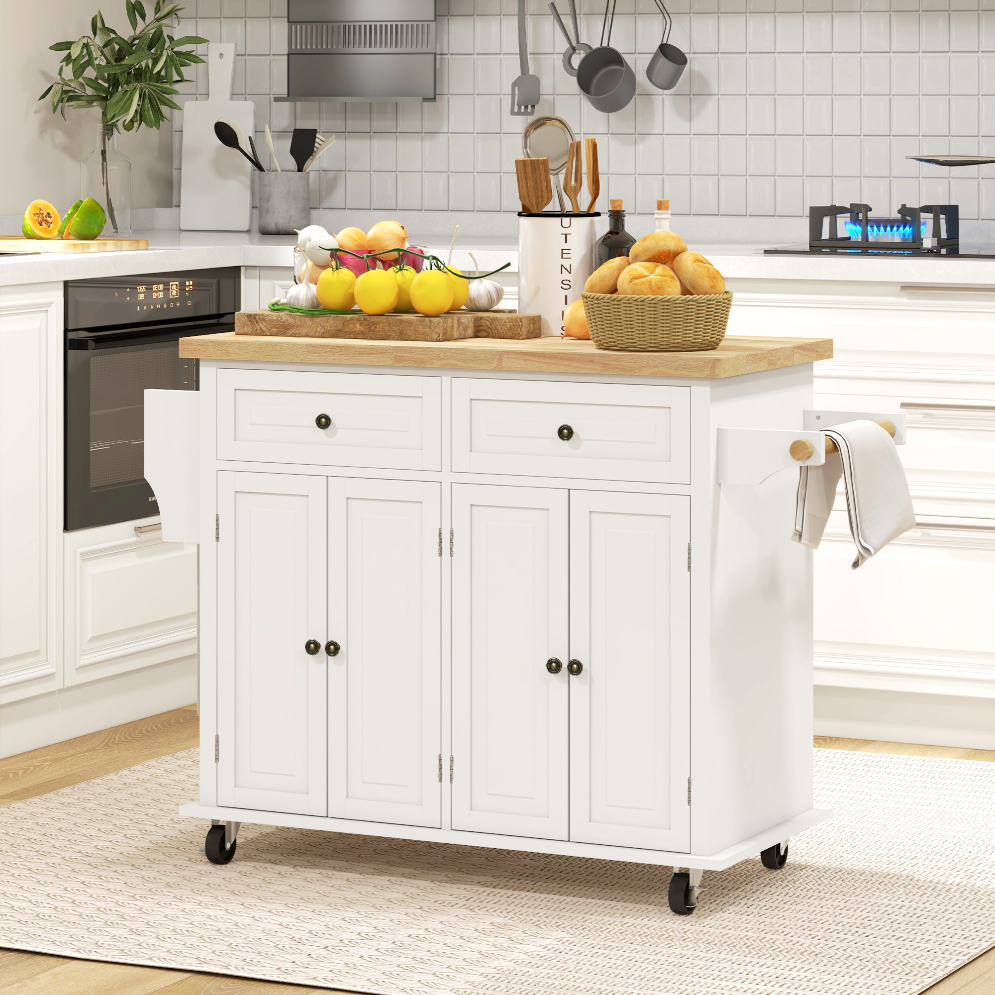 HOMCOM Kitchen Island with Wheels, Rolling Trolley Cart with Rubber Wood Top, Spice Rack, Towel Rack, Cream White Aosom Canada