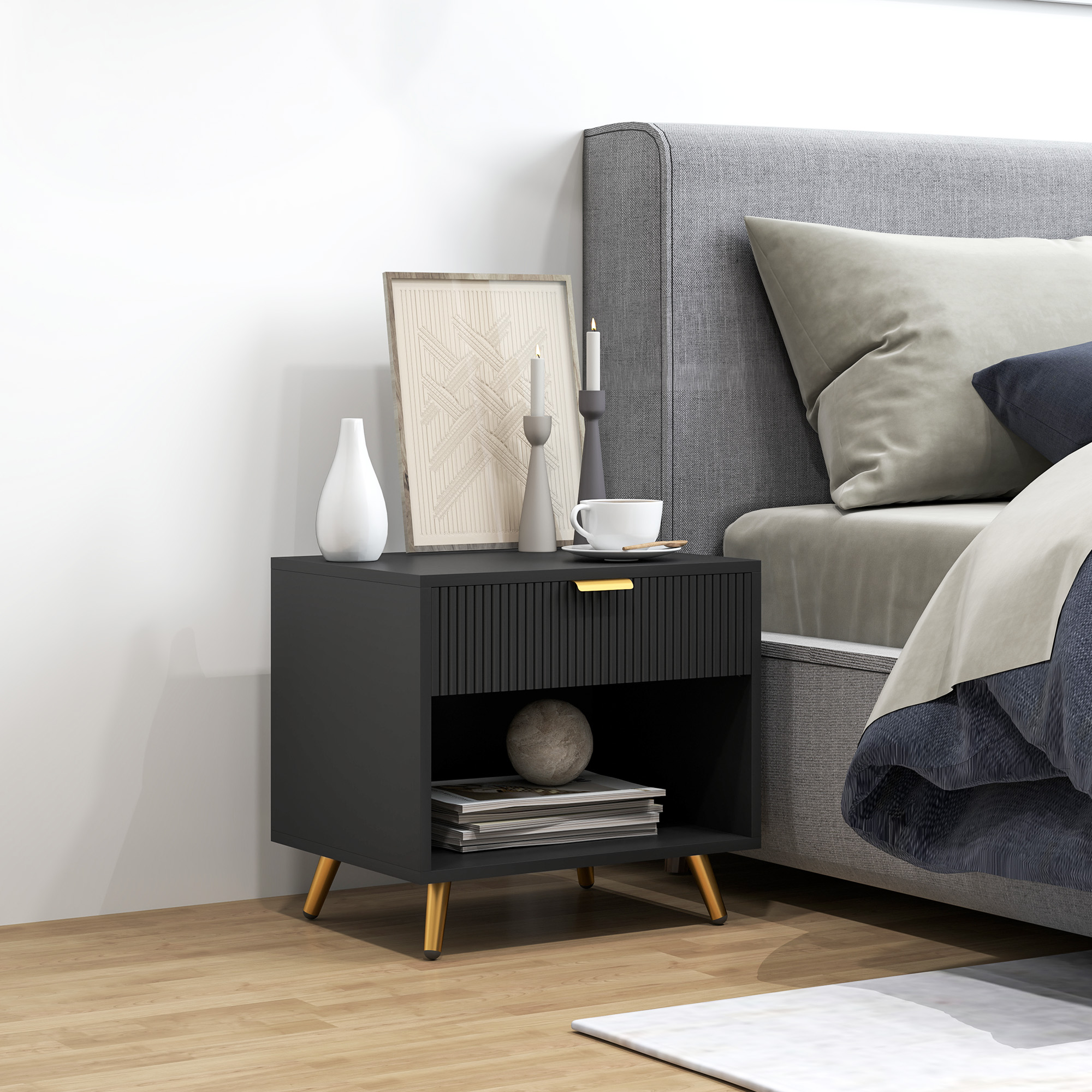 HOMCOM Nightstand with Fluted Panel, Bedside Table with Drawer and Open Compartment, Modern Night Table for Bedroom, Black Aosom Canada