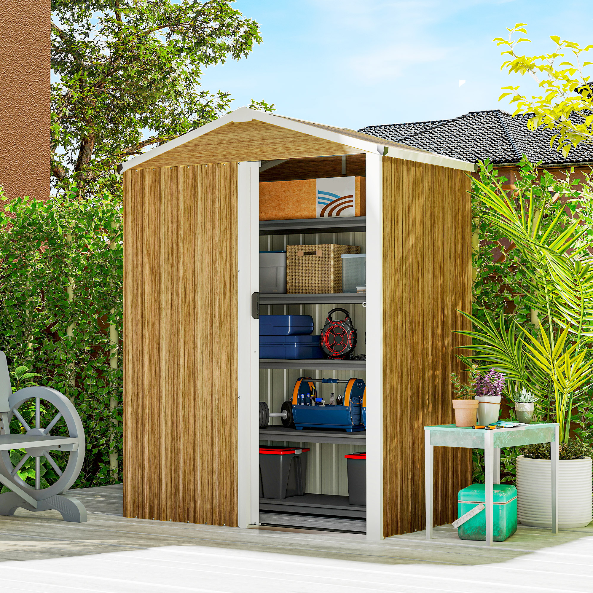Outsunny 4.5 x 3ft Outdoor Storage Shed, Waterproof Metal Garden Shed with Lockable Door for Backyard, Patio, Lawn, Wood Grain Aosom Canada