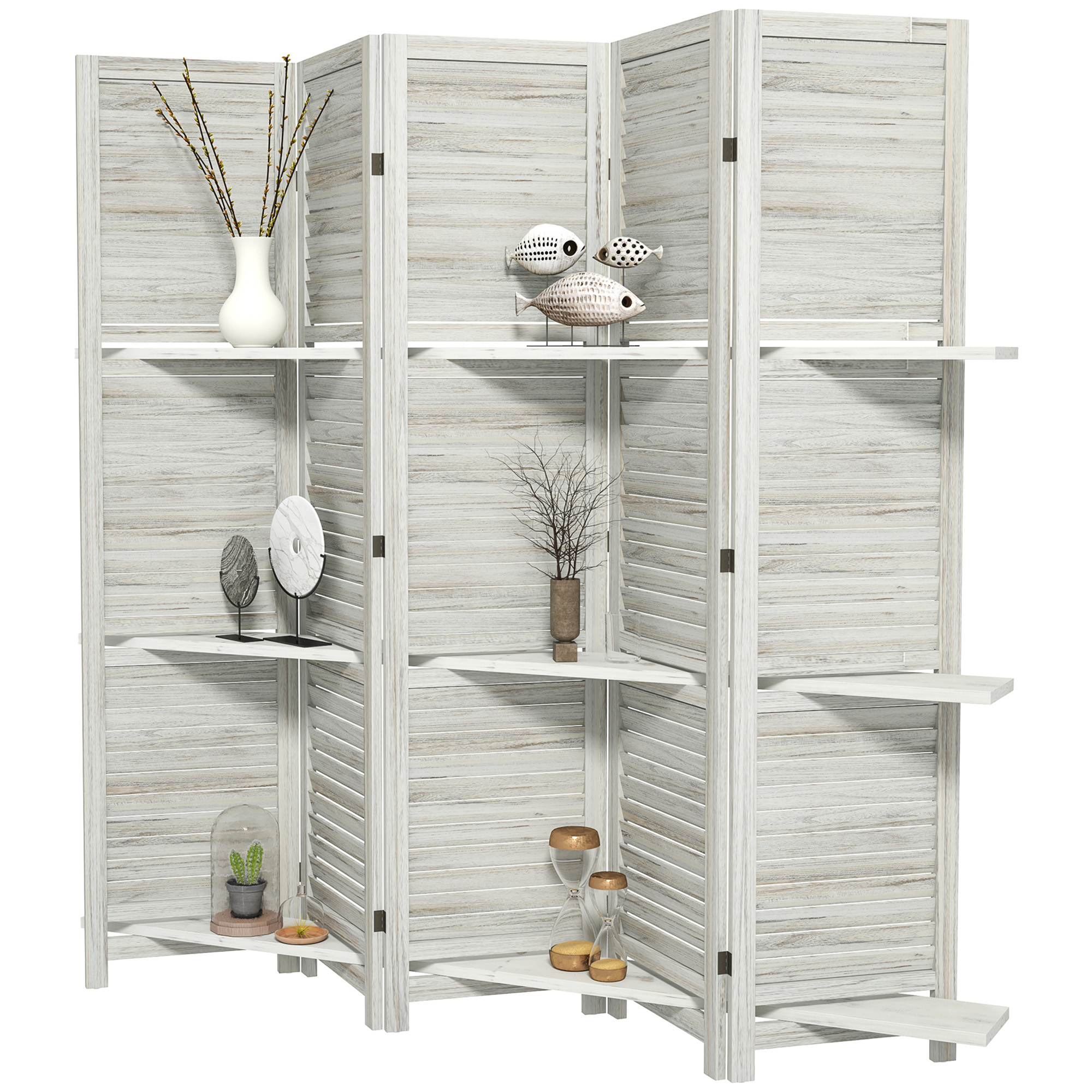 HOMCOM 5 Panel 67" Tall Wood Privacy Screen Room Divider with 3 Shelves and Folding Storage for Bedroom, Distressed White