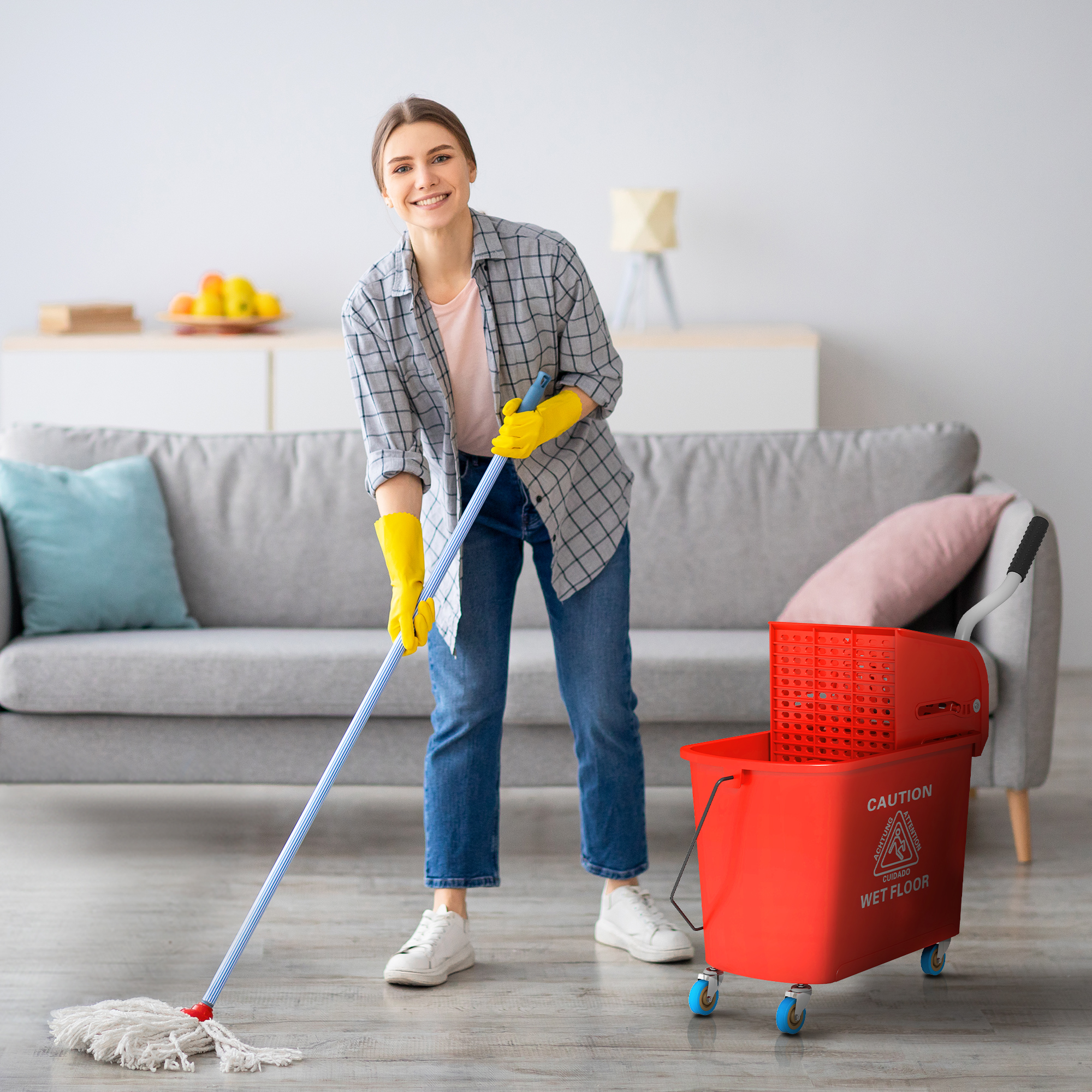 HOMCOM Mop Bucket with Wringer, Mop Bucket on Wheels for Floor Cleaning, 5 Gallon, Separate Dirty and Clean Water, Red Aosom Canada