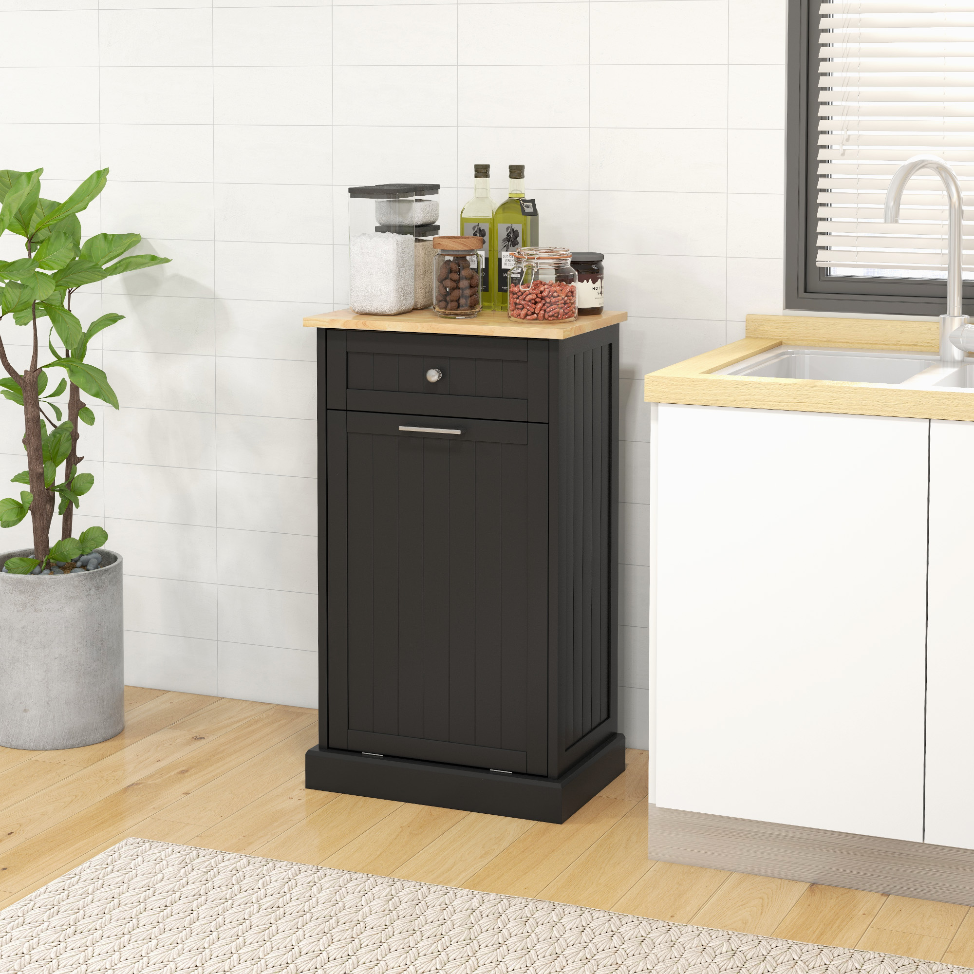 HOMCOM Kitchen Tilt Out Trash Bin Cabinet with Drawer, Farmhouse Trash Cabinet with Flip Top Design, Black