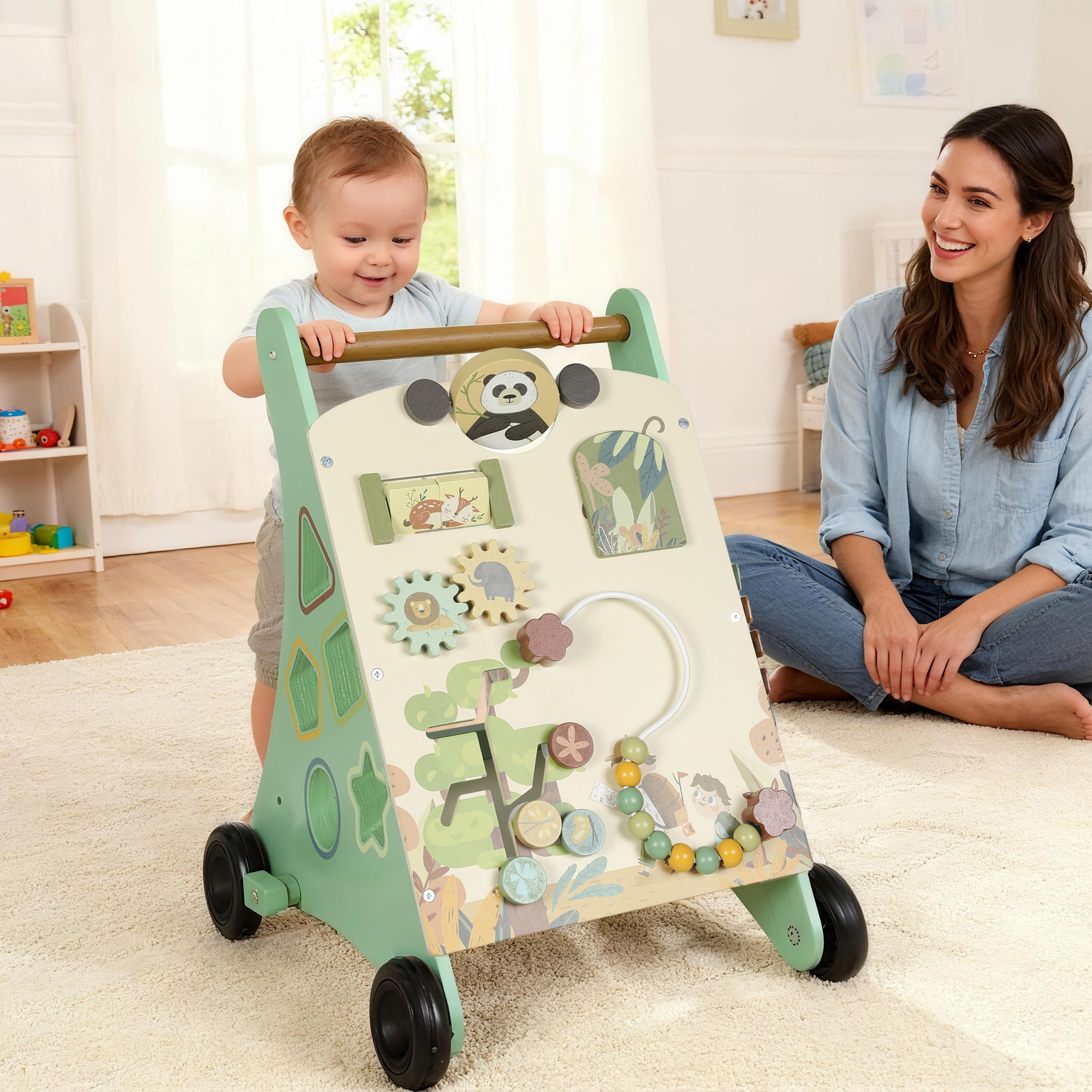 Qaba Wooden Baby Walker, Push Along Walker Toys with Speed Control, Xylophone, gears and Bead Maze, Green Aosom Canada