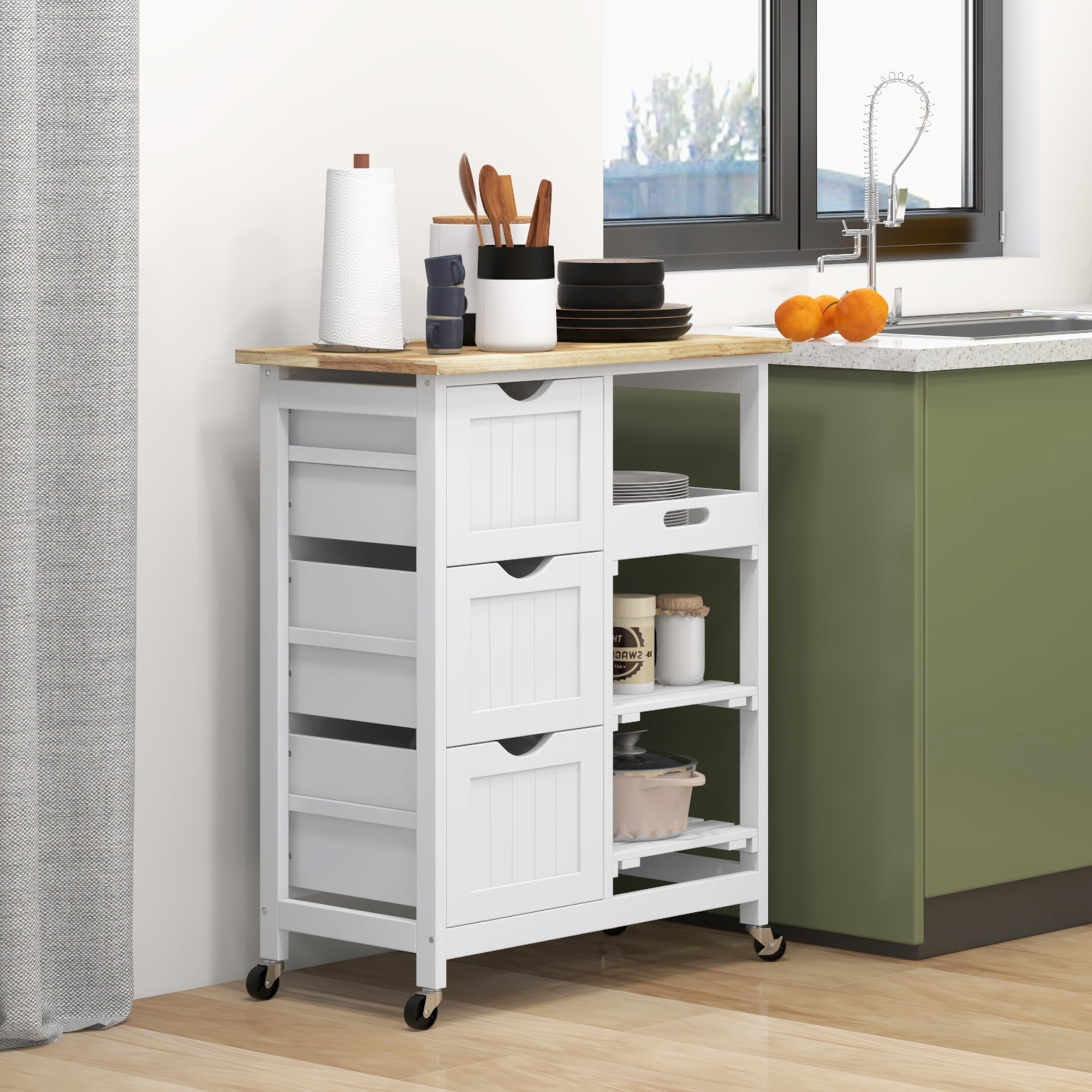 HOMCOM Kitchen Island Cart on Wheels Kitchen Cart on Rollers with Wood Top 3 Drawers Shelves for Dining Room White Aosom Canada