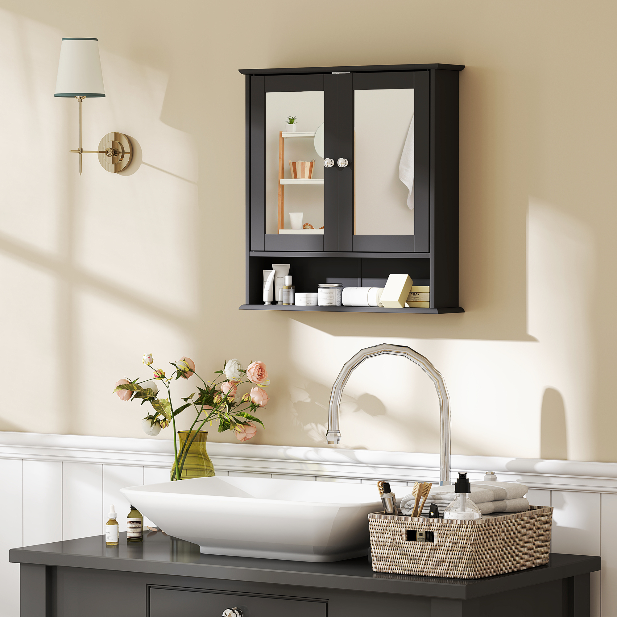 kleankin Medicine Cabinet, Wall-Mounted Bathroom Mirror Cabinet with Double Doors, Open Shelf, and Adjustable Shelf Black Aosom Canada